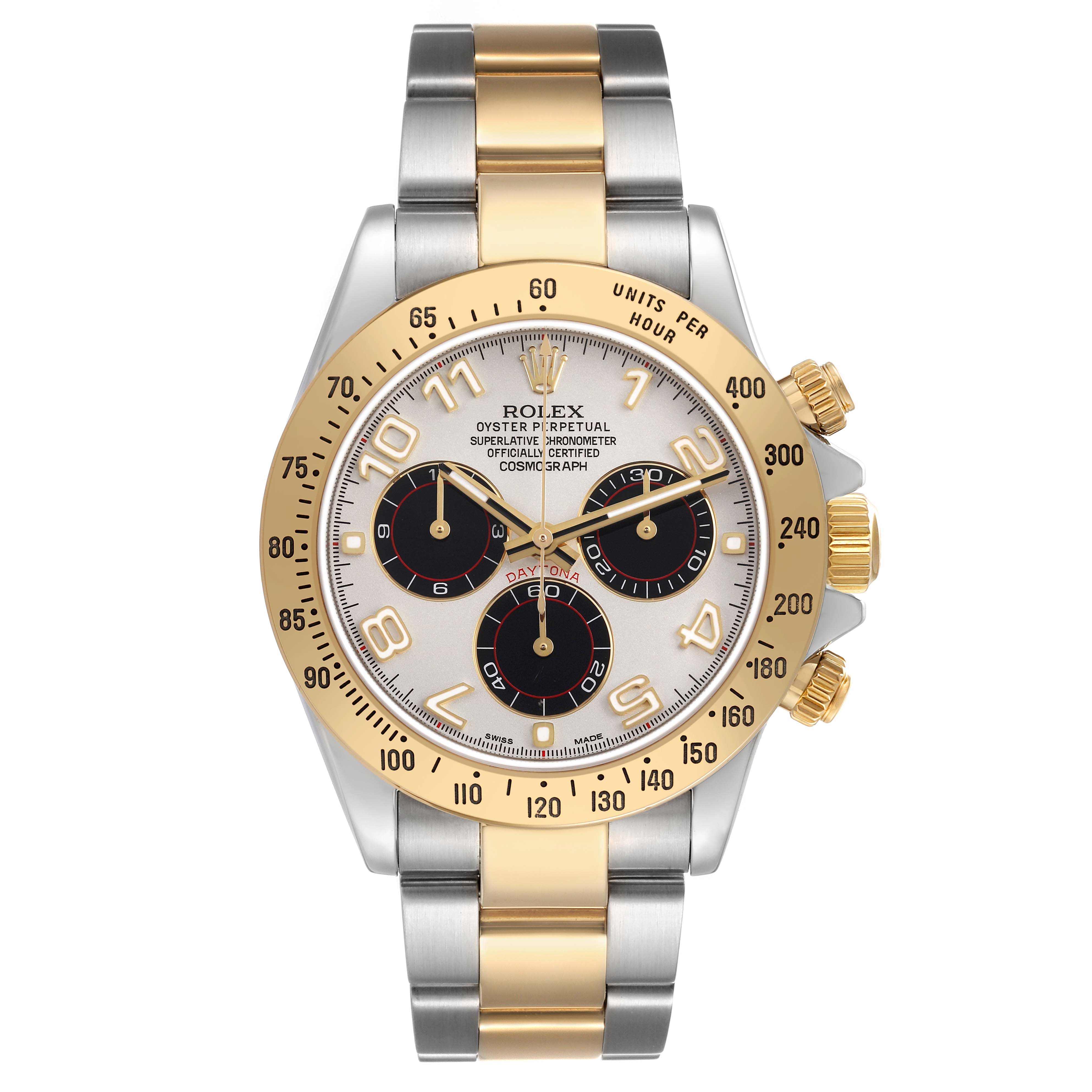 The image shows a front view of the Rolex Daytona 116523 Men's Steel and Gold (two tone) Silver Dial watch, with a gold and silver bracelet and three subdials.