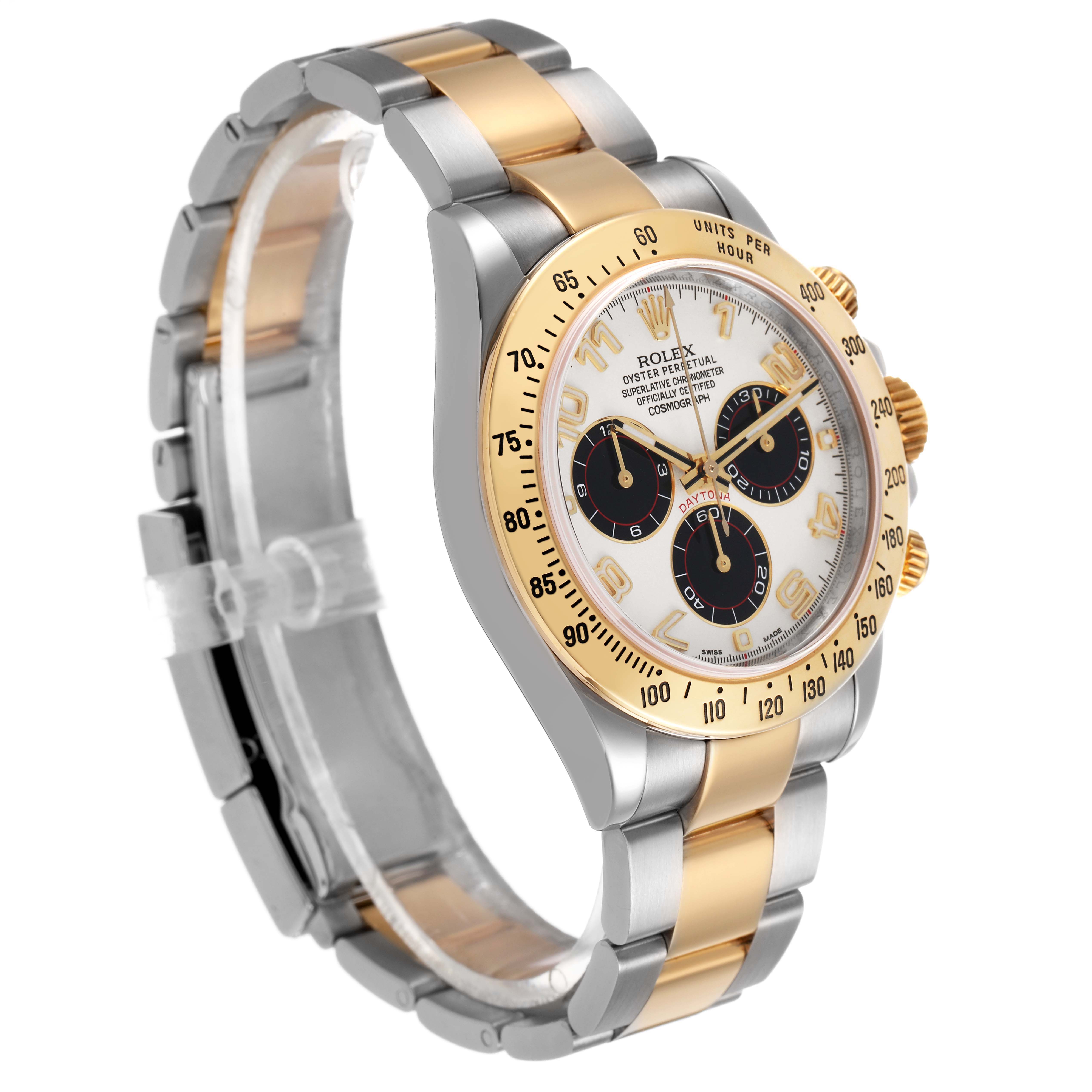 The Rolex Daytona 116523 Men's Steel and Gold (two tone) Silver Dial watch is shown at an angled side view, showcasing its bezel, dial, and two-tone bracelet.