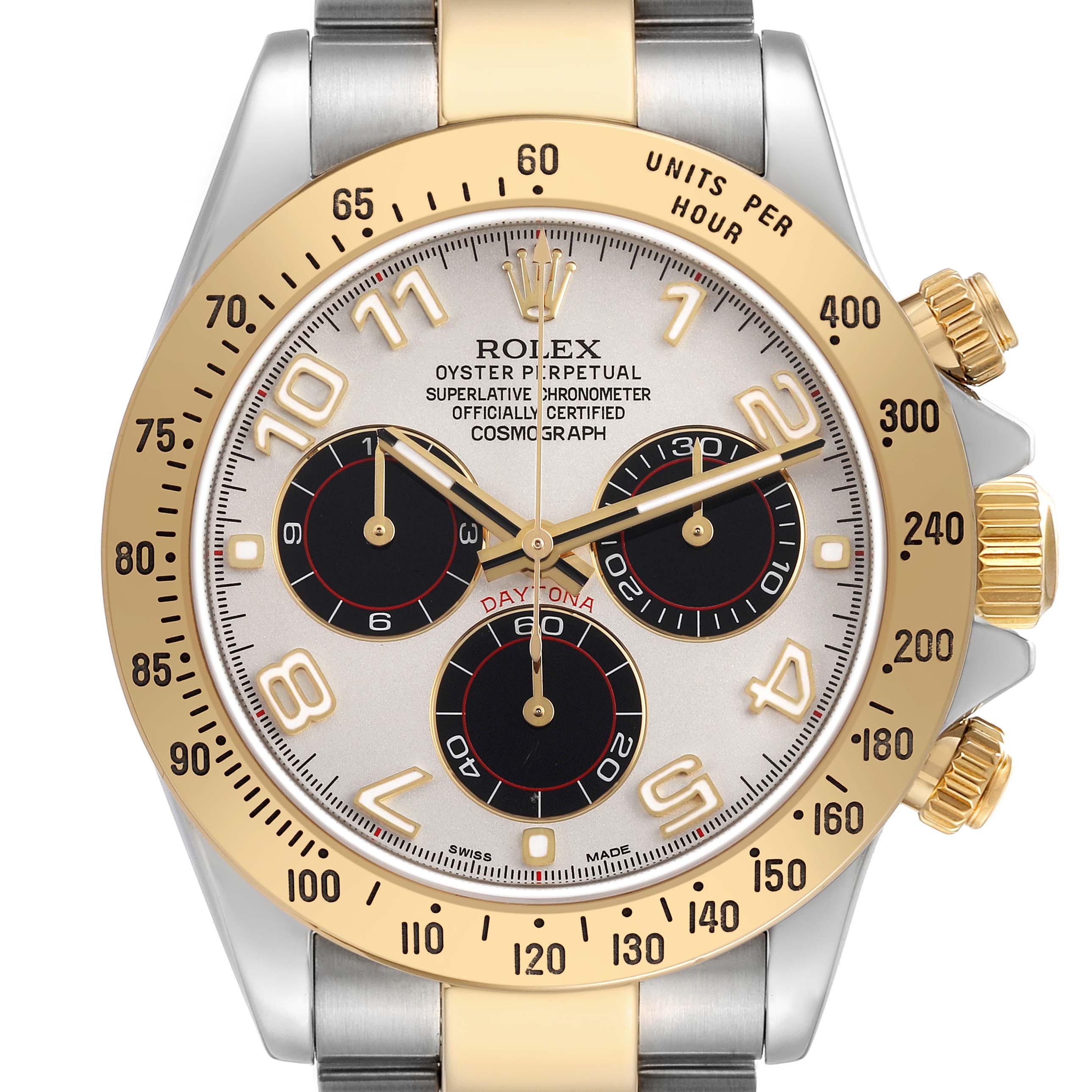 The Rolex Daytona 116523 Men's Steel and Gold (two tone) Silver Dial watch is shown from the front, highlighting its gold bezel, subdials, and crown.