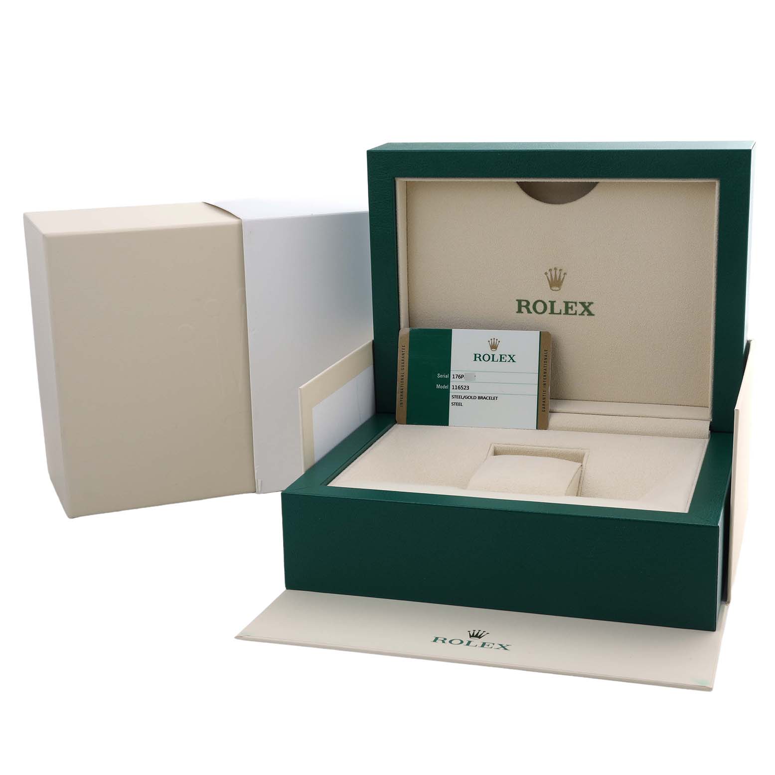 The image shows the packaging and guarantee card for a Rolex Daytona 116523 Men's Steel and Gold (two tone) Silver Dial watch from a frontal angle.