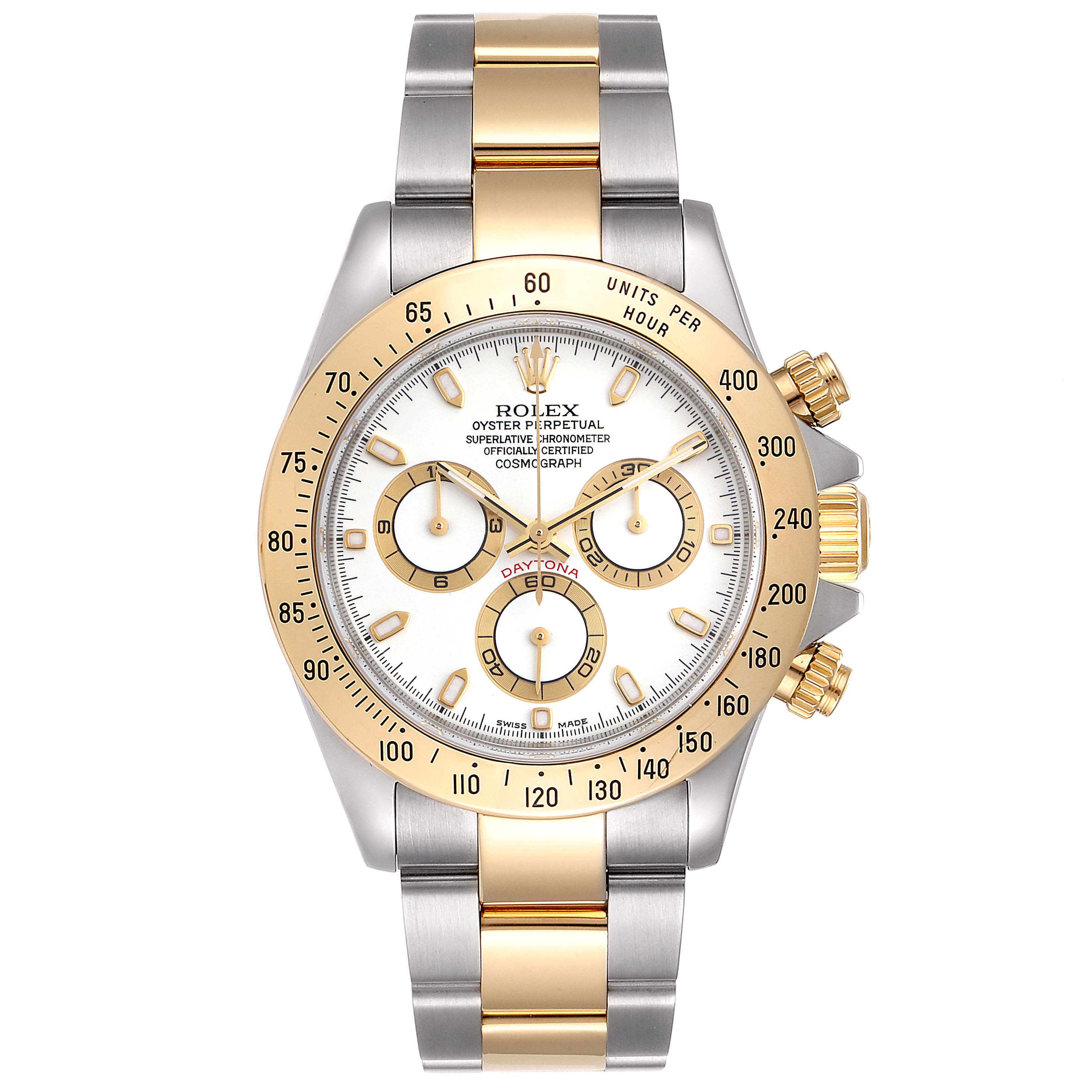 This image shows a front view of a Rolex Daytona 116523 Men
s Steel and Gold (two tone) White Dial 116523 Men
s Steel and Gold (two tone) White Dial watch, highlighting its gold and silver bracelet, chronograph sub-dials, and tachymeter bezel.
