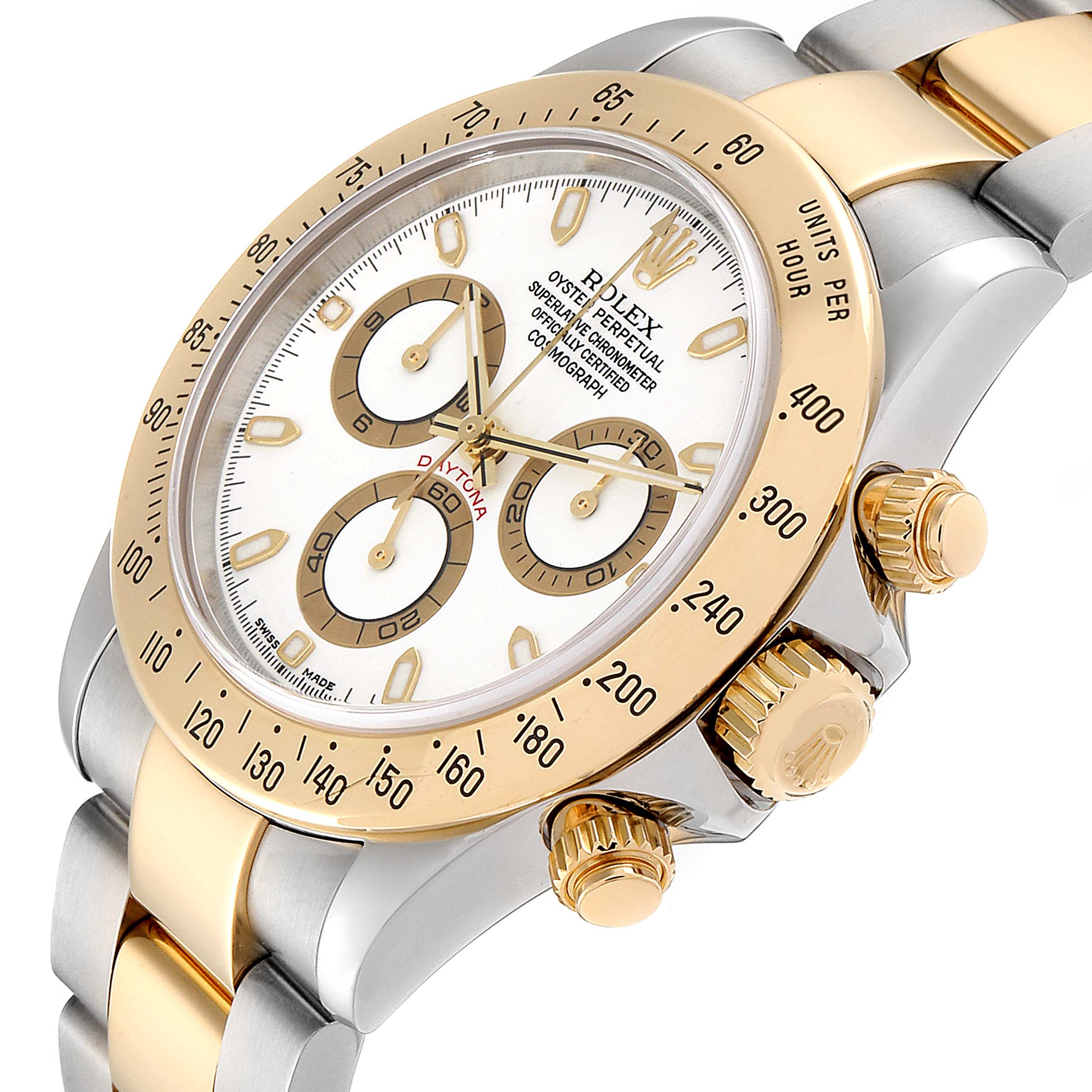 This image shows a Rolex Daytona 116523 Men
s Steel and Gold (two tone) White Dial 116523 Men
s Steel and Gold (two tone) White Dial watch at an angle, highlighting its bezel, chronograph subdials, and crown.