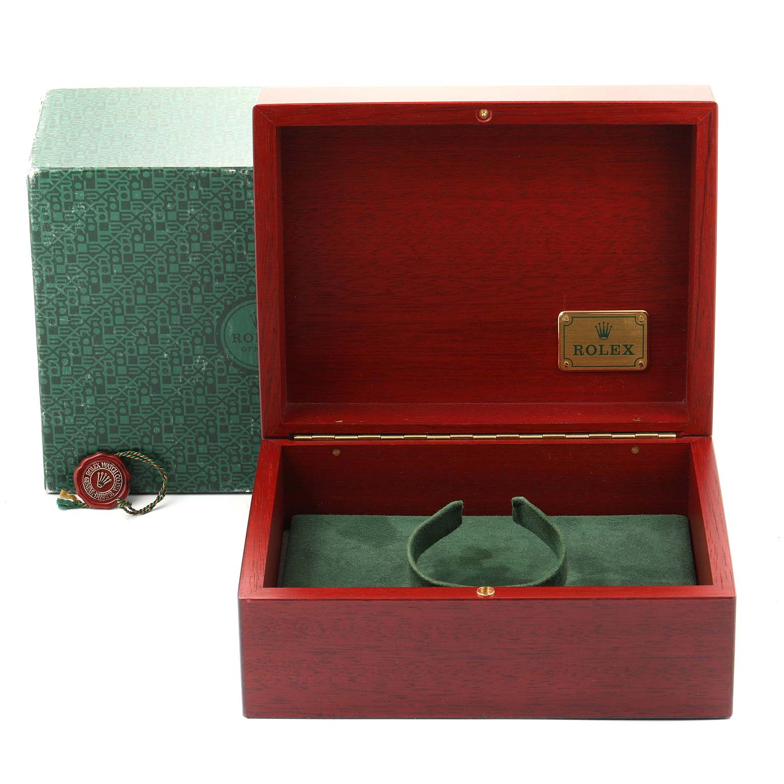 The image shows an open Rolex Daytona 116523 Men
s Steel and Gold (two tone) White Dial 116523 Men
s Steel and Gold (two tone) White Dial watch box with green interior padding and a detached matching tag.