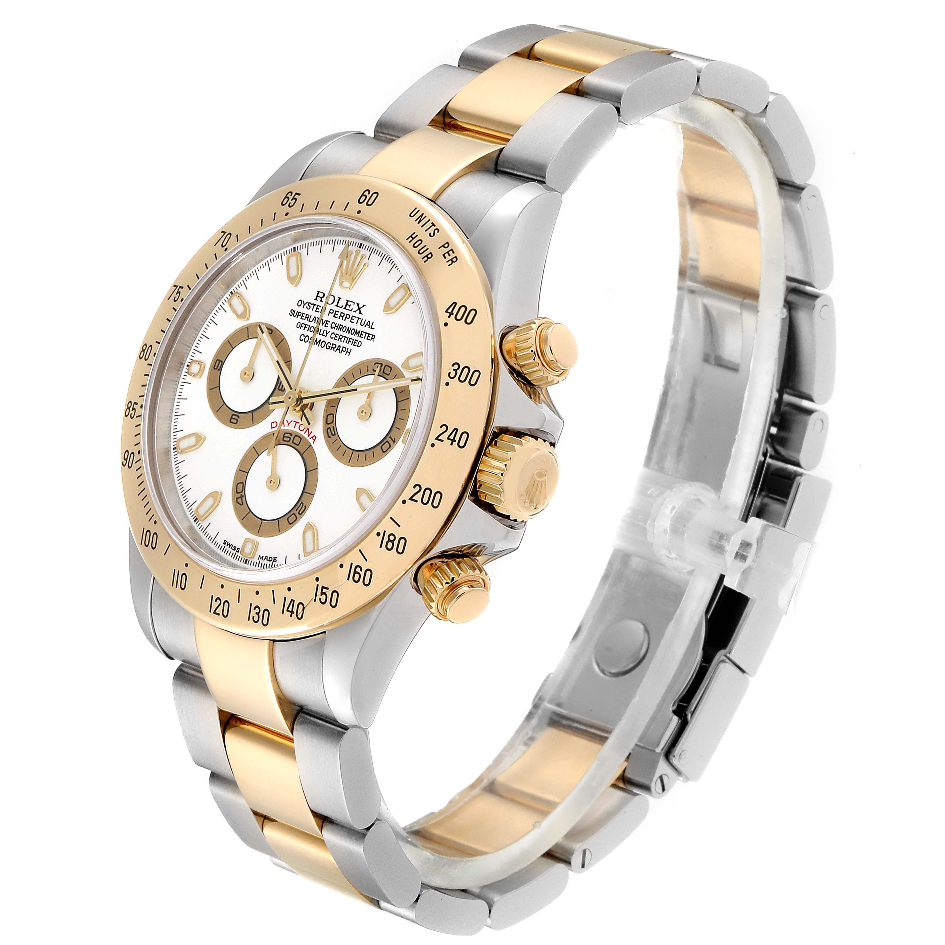 The image shows a side angle of a Rolex Daytona 116523 Men
s Steel and Gold (two tone) White Dial 116523 Men
s Steel and Gold (two tone) White Dial watch, highlighting the dial, bezel, case, and two-tone bracelet.