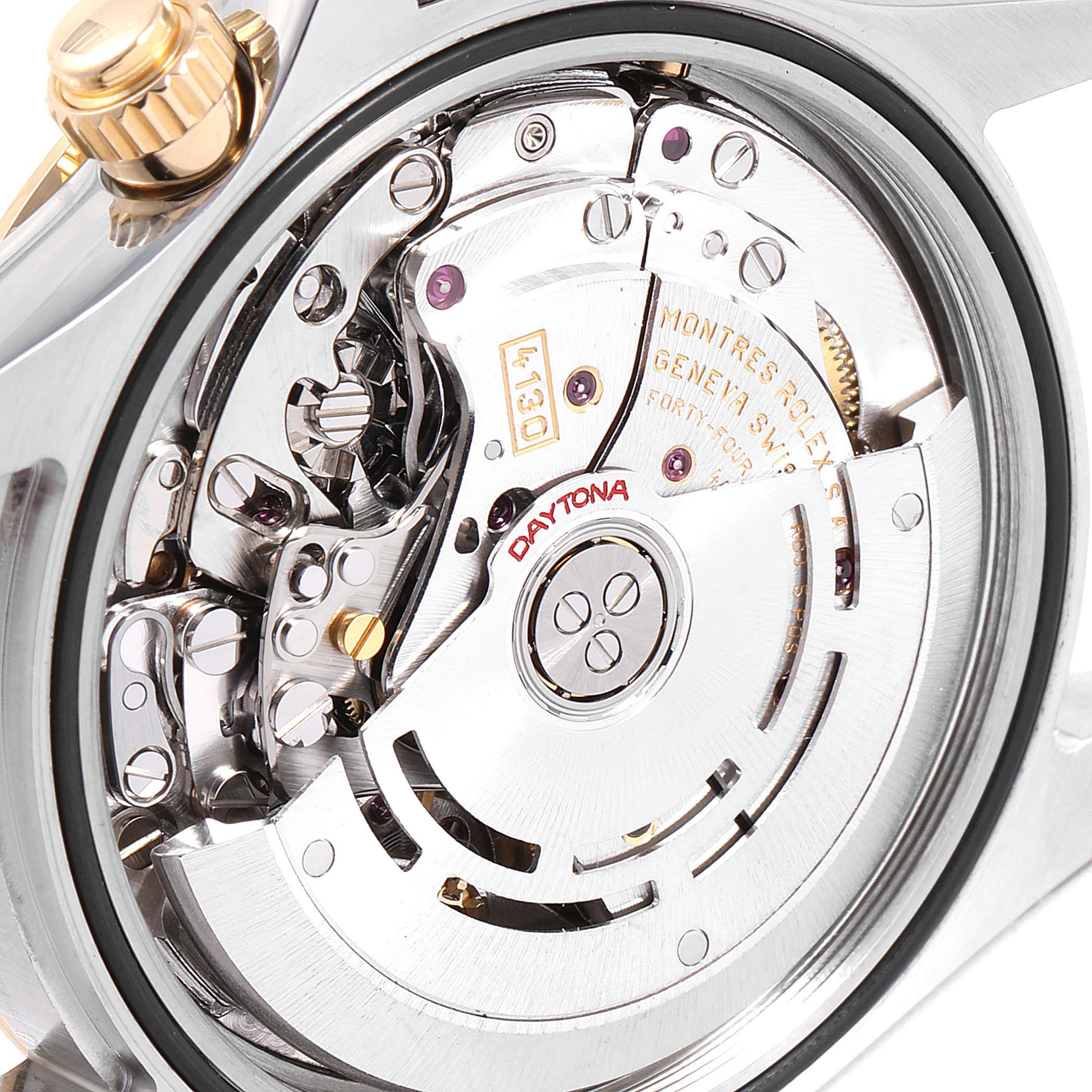 This image shows the intricate movement and inner mechanism of a Rolex Daytona 116523 Men
s Steel and Gold (two tone) White Dial 116523 Men
s Steel and Gold (two tone) White Dial watch from a close-up angle.
