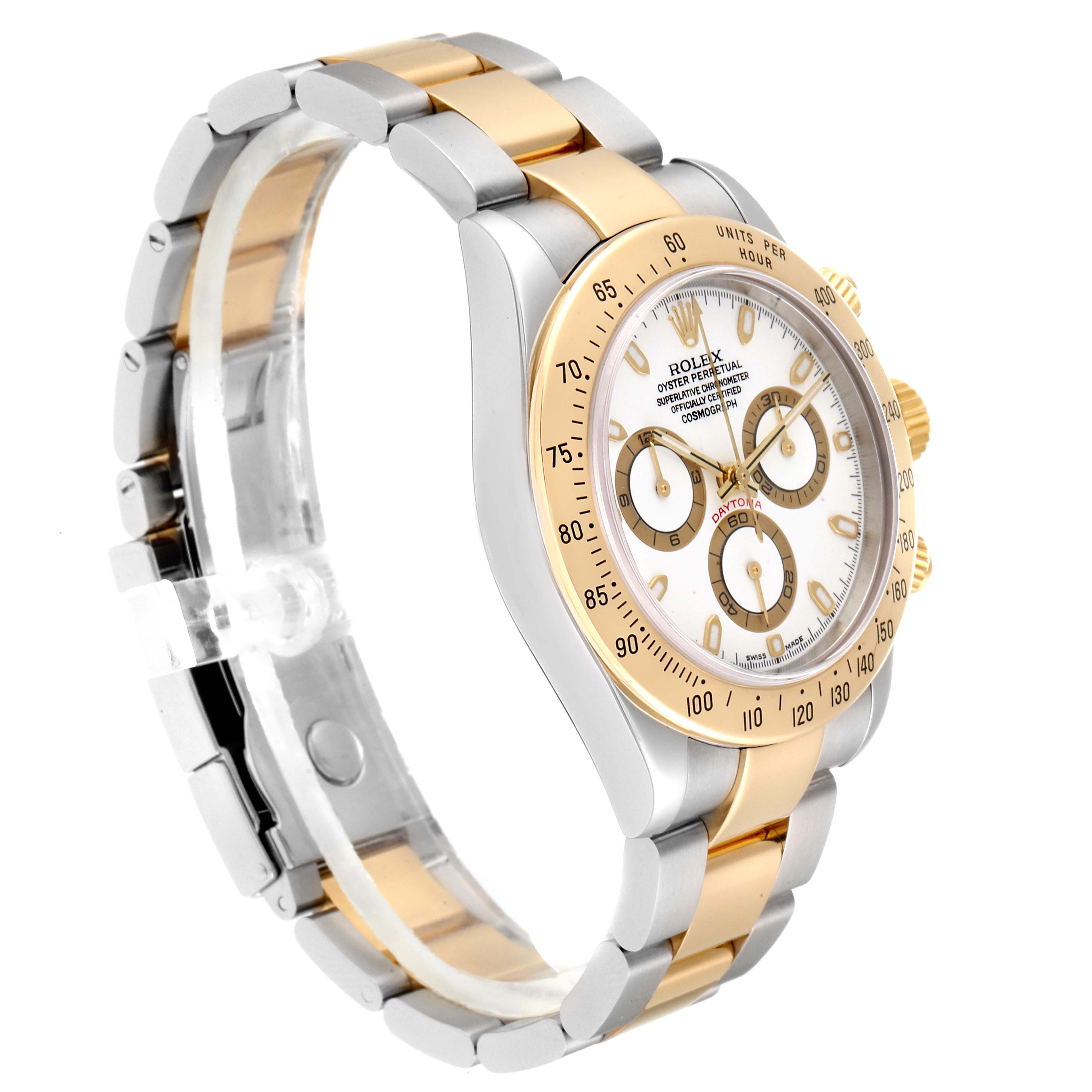 The Rolex Daytona 116523 Men
s Steel and Gold (two tone) White Dial 116523 Men
s Steel and Gold (two tone) White Dial watch is shown at a three-quarter angle, displaying the face, bezel, and bracelet.