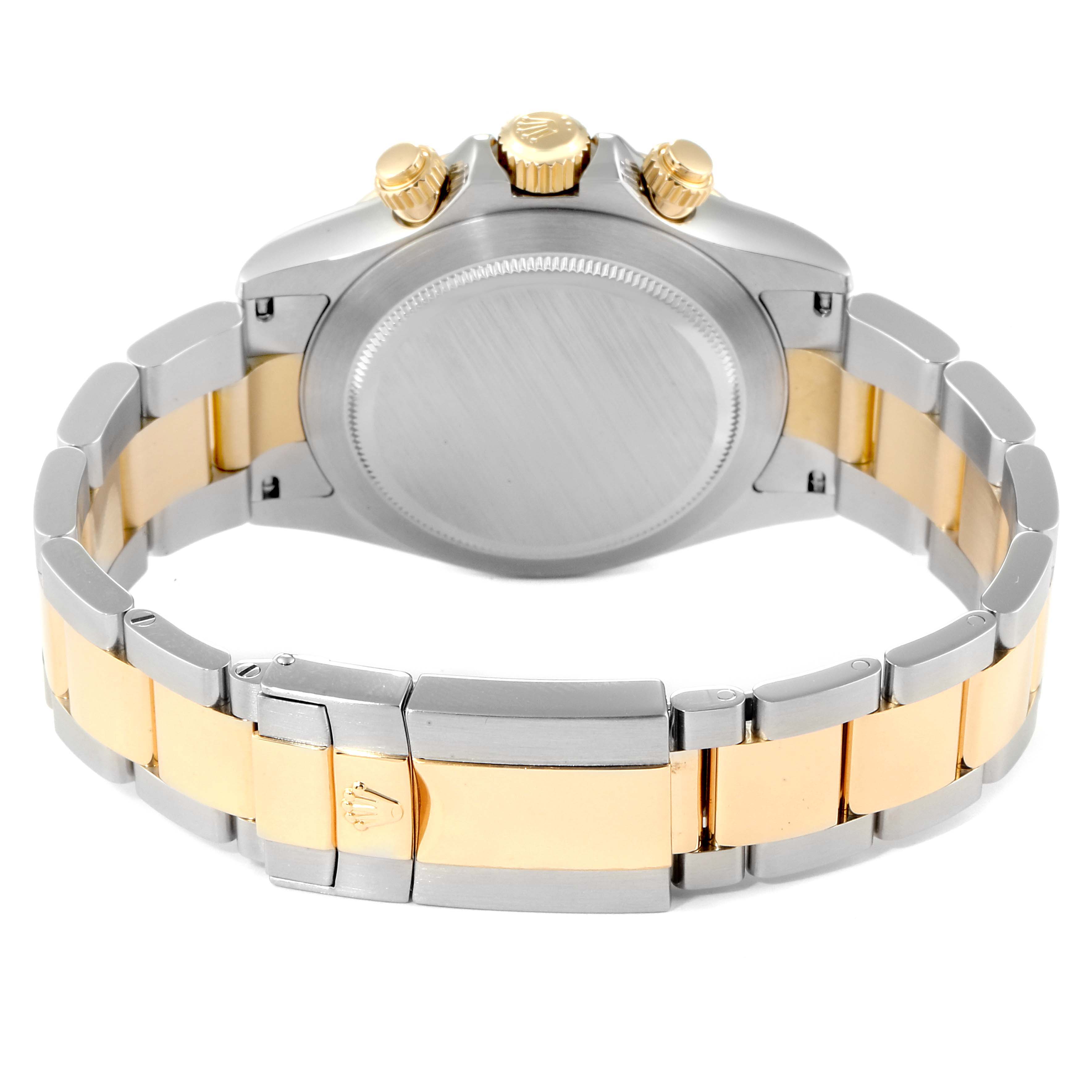 This image shows the back case and bracelet of a Rolex Daytona 116523 Men
s Steel and Gold (two tone) White Dial 116523 Men
s Steel and Gold (two tone) White Dial watch at a rear angle.