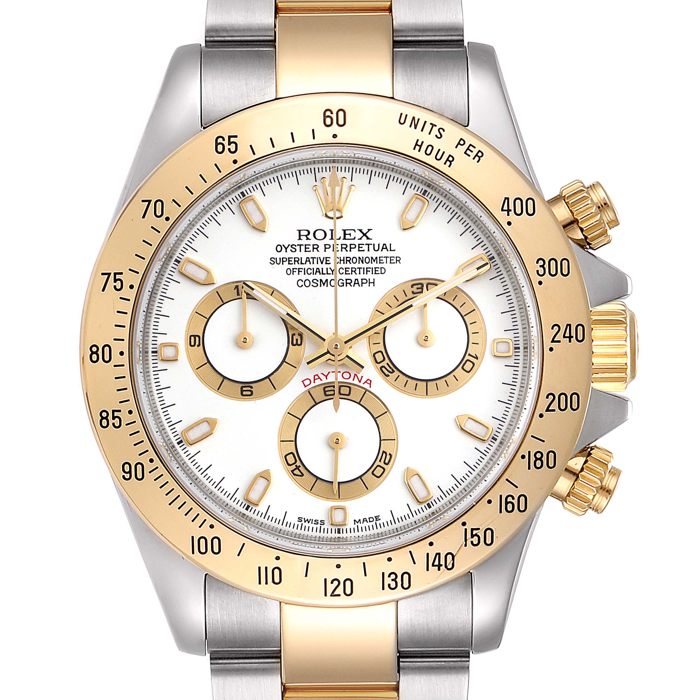 This is a front-view image of a Rolex Daytona 116523 Men
s Steel and Gold (two tone) White Dial 116523 Men
s Steel and Gold (two tone) White Dial watch, showcasing the dial, sub-dials, bezel, and part of the band.