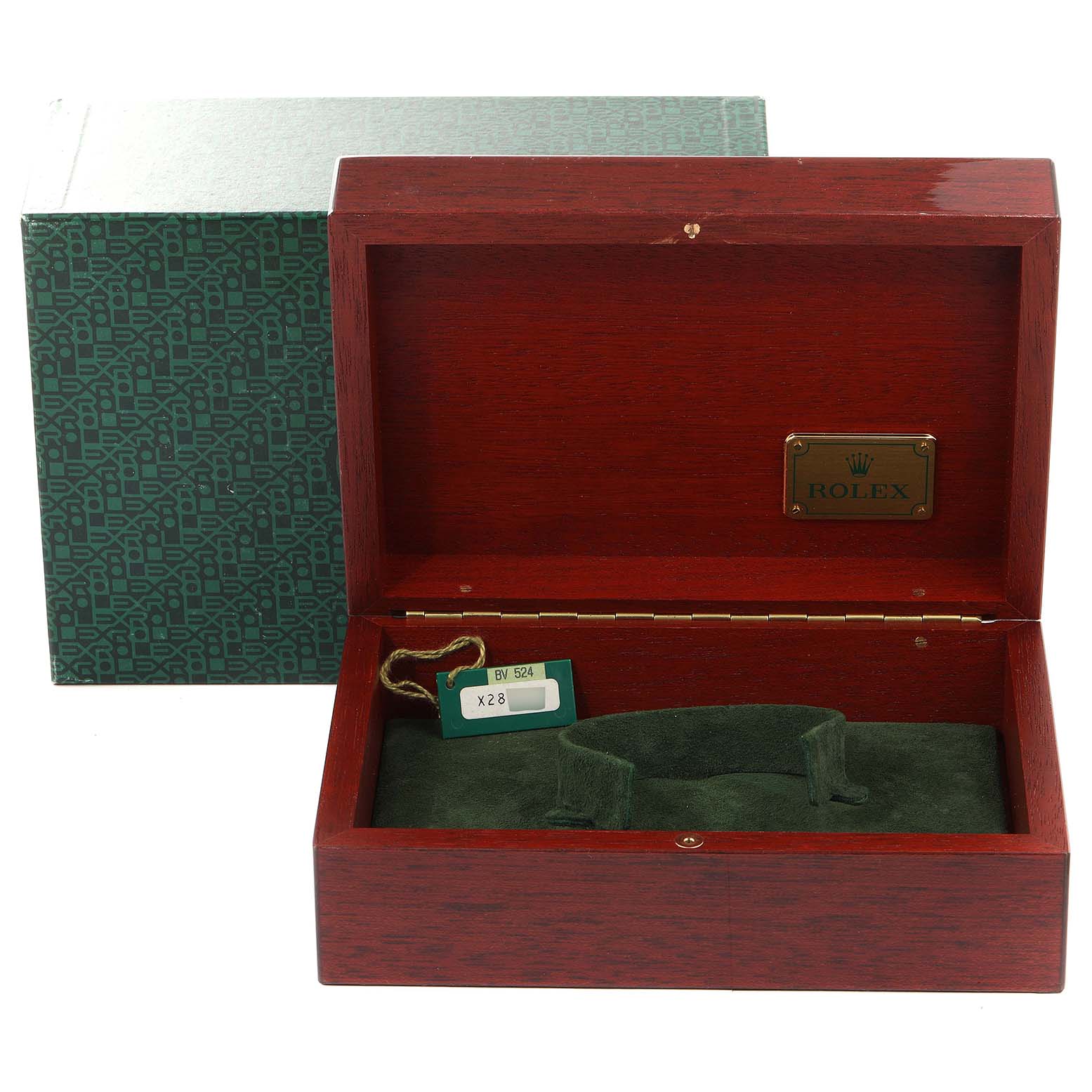 The image shows an open Rolex Daytona 16518 Men's Yellow Gold White Dial 16518 Men's Yellow Gold White Dial wooden box with a green interior, a label, and a tag, along with a green outer box.