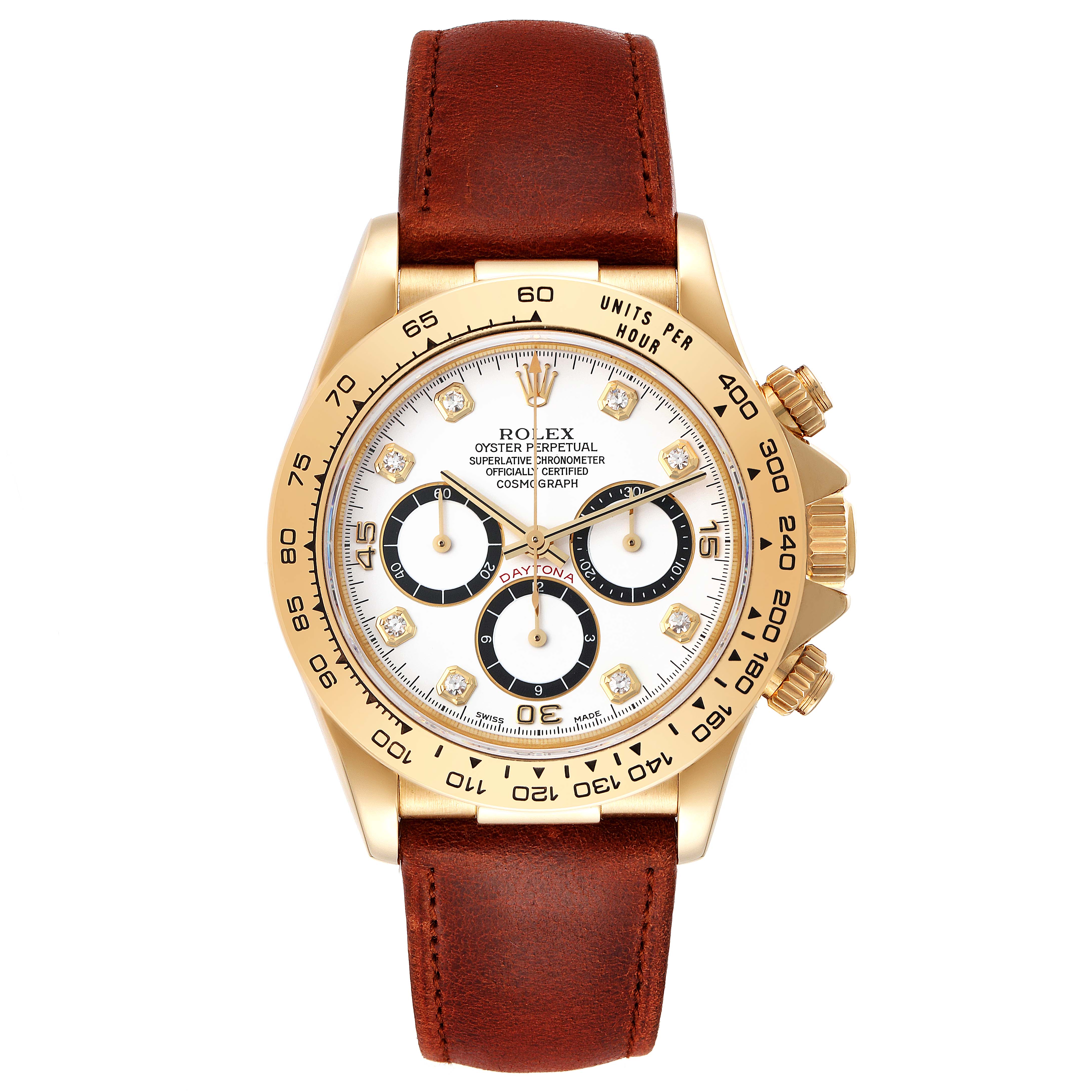 The image shows a frontal view of a Rolex Daytona 16518 Men's Yellow Gold White Dial 16518 Men's Yellow Gold White Dial watch with a gold case, white dial, and brown leather strap.