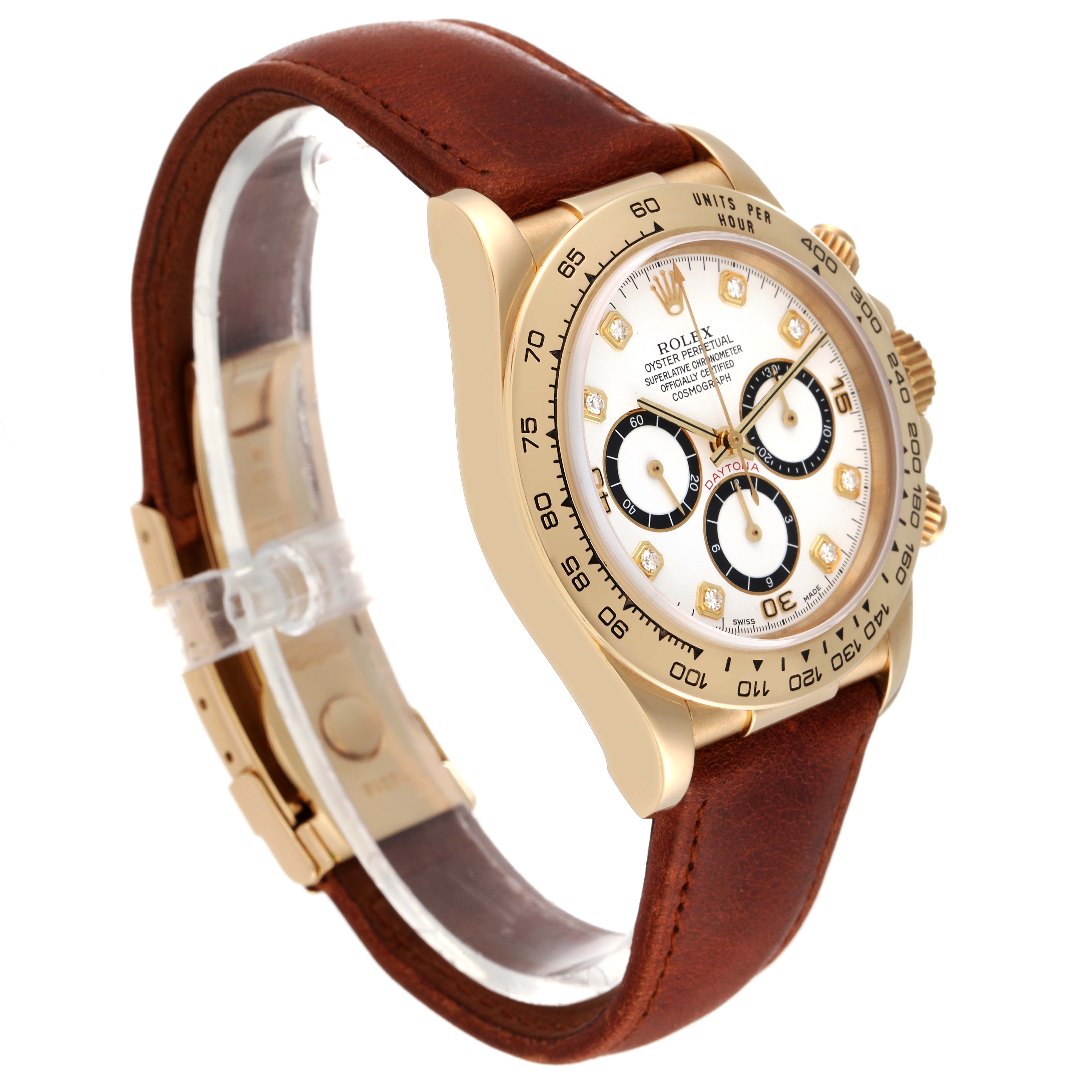 The image shows a side angle of a Rolex Daytona 16518 Men's Yellow Gold White Dial 16518 Men's Yellow Gold White Dial watch with a gold case, white dial, and brown leather strap.
