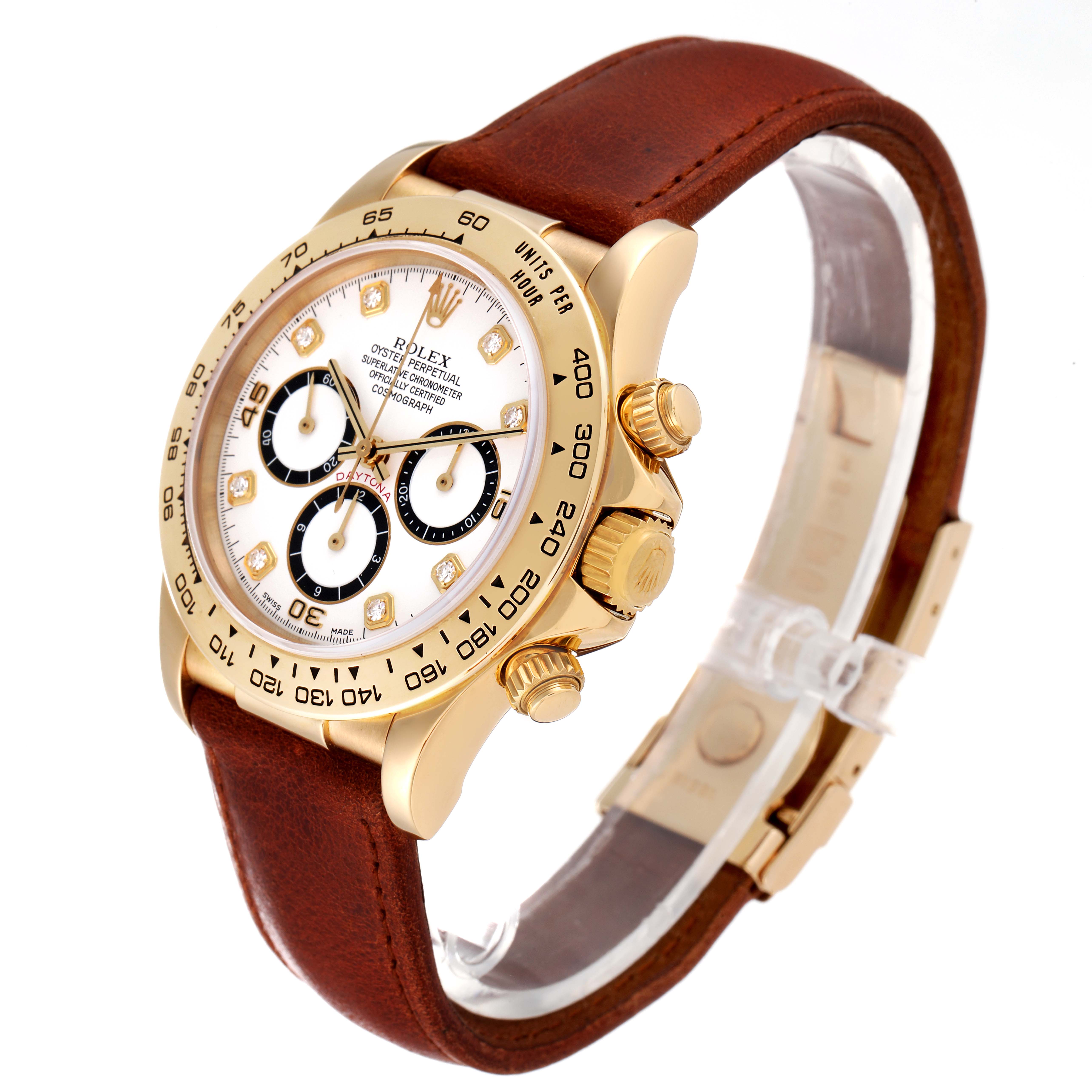 This image shows a Rolex Daytona 16518 Men's Yellow Gold White Dial 16518 Men's Yellow Gold White Dial model watch from a three-quarter angle, highlighting its gold case, white dial, and leather strap.