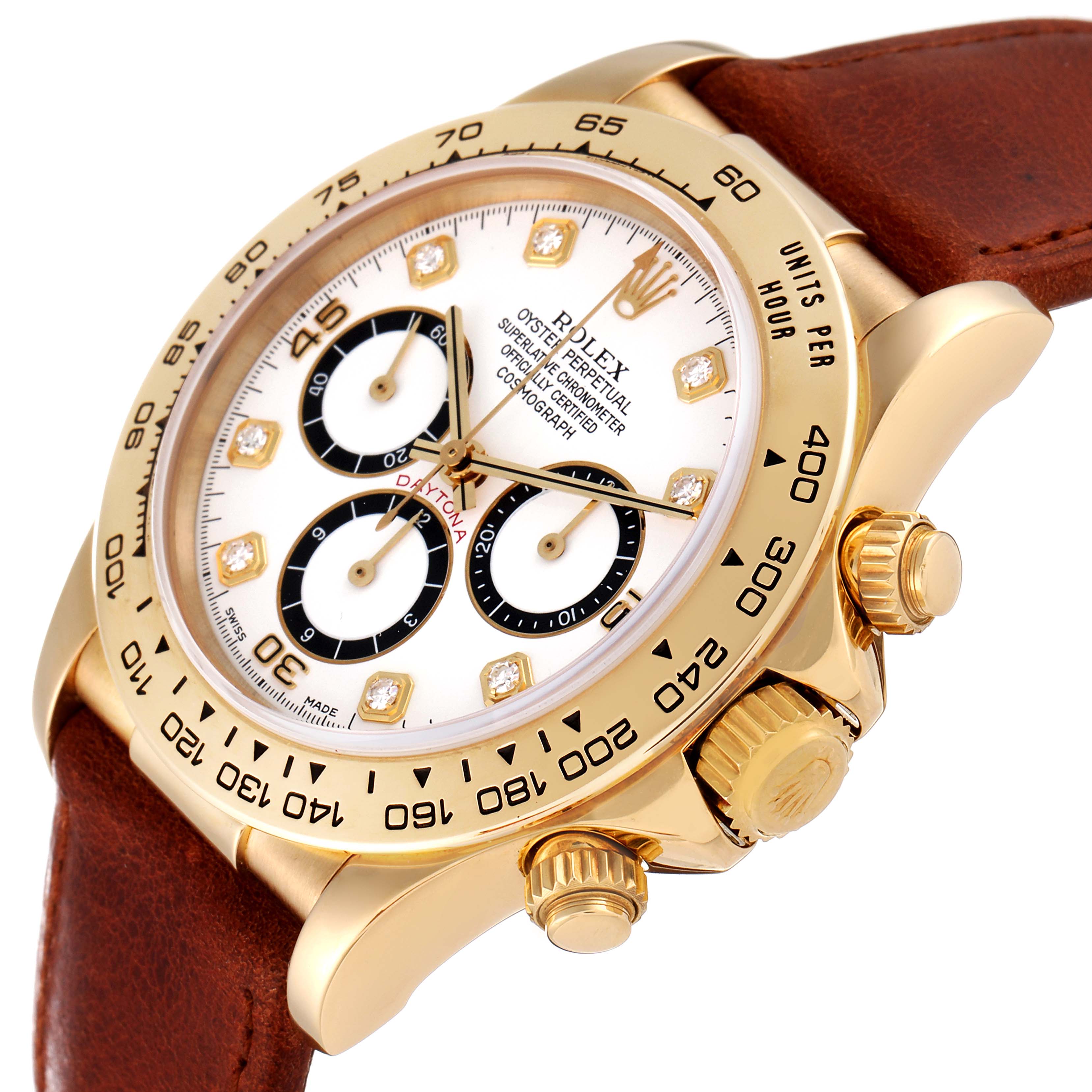 The Rolex Daytona 16518 Men's Yellow Gold White Dial 16518 Men's Yellow Gold White Dial watch is shown at a 3/4 angle, highlighting its dial, bezel, crown, and brown leather strap.