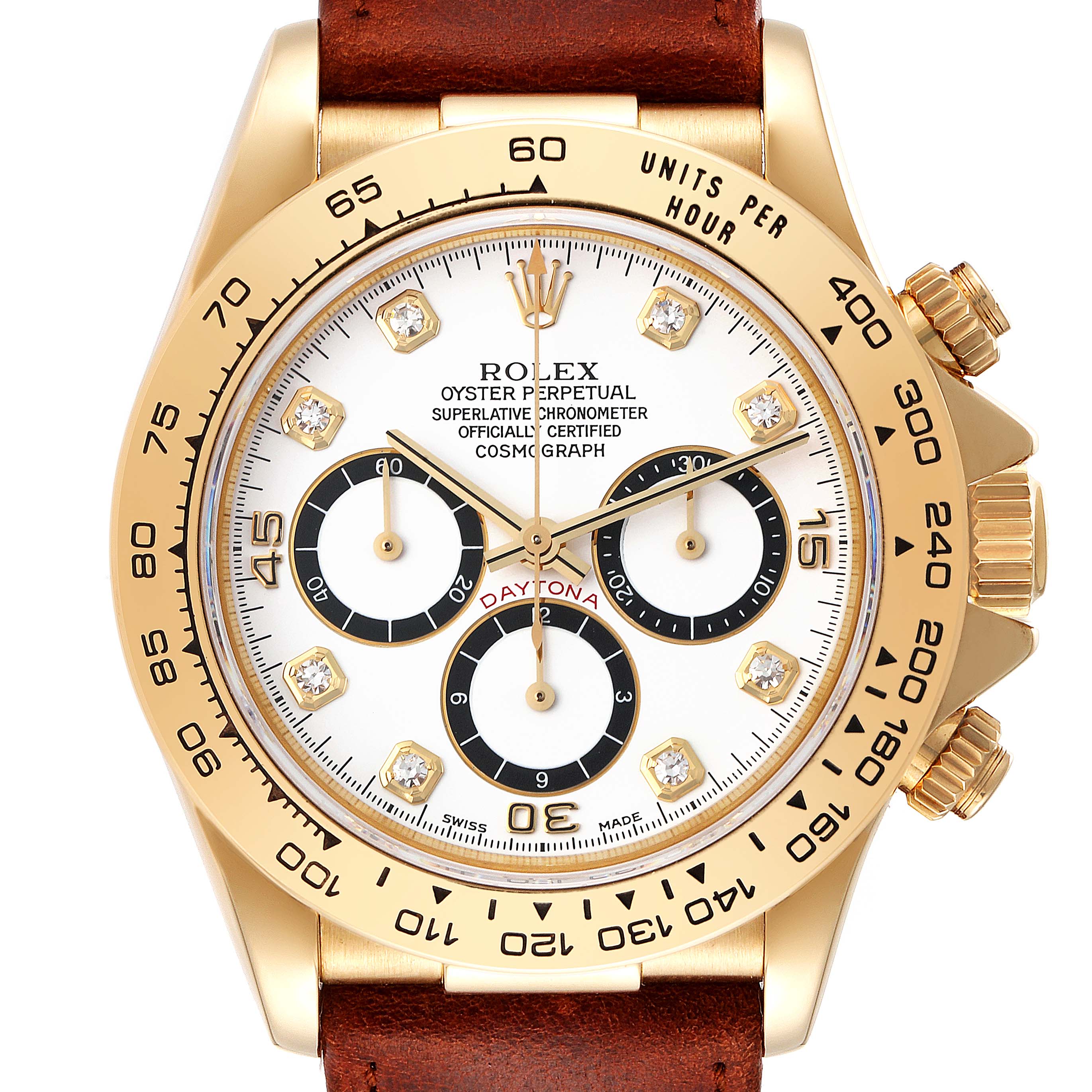 The image shows a front view of the Rolex Daytona 16518 Men's Yellow Gold White Dial 16518 Men's Yellow Gold White Dial watch, highlighting its dial, bezel, and chronograph subdials, with a leather strap.