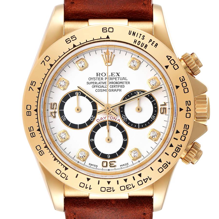 Rolex Daytona White Diamond Dial Yellow Gold Chronograph Mens Watch 16518 SwissWatchExpo