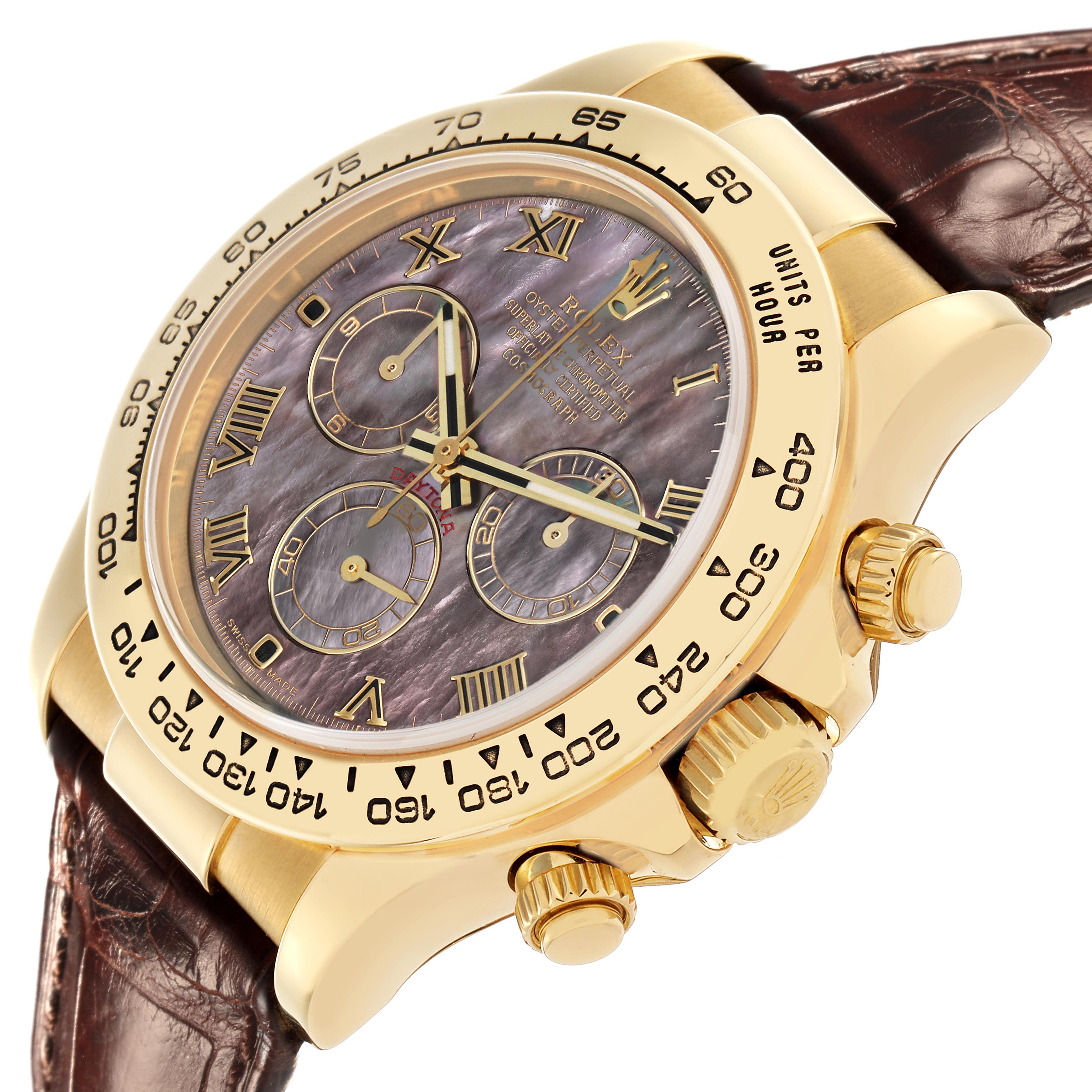 The image shows a side-angle view of a Rolex Daytona 116518 Men
s Yellow Gold Mother of Pearl Dial 116518 Men
s Yellow Gold Mother of Pearl Dial, highlighting the gold case, pushers, bezel, and textured dial.