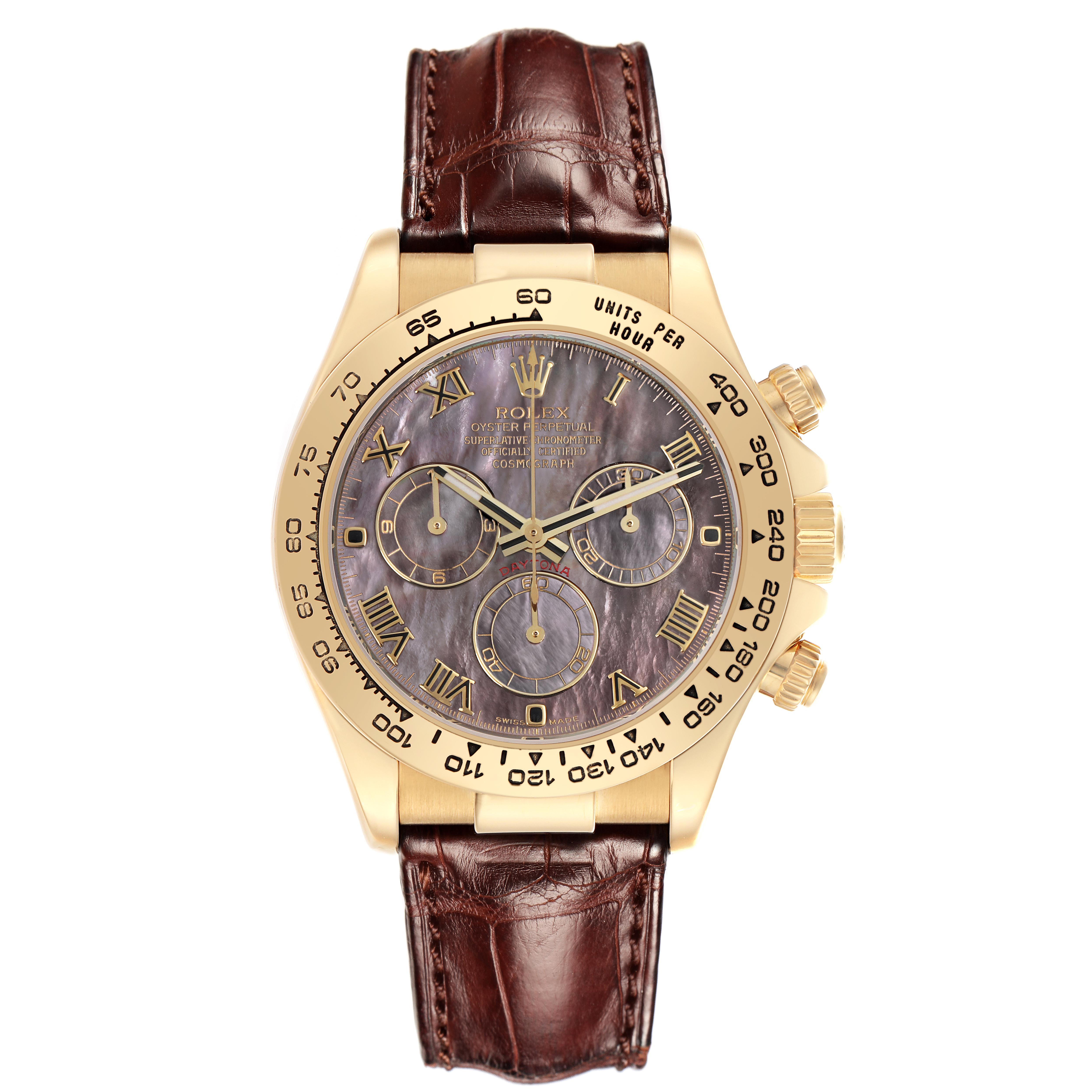 The Rolex Daytona 116518 Men
s Yellow Gold Mother of Pearl Dial 116518 Men
s Yellow Gold Mother of Pearl Dial watch is shown from the front, displaying its gold case, black mother-of-pearl dial, and leather strap.