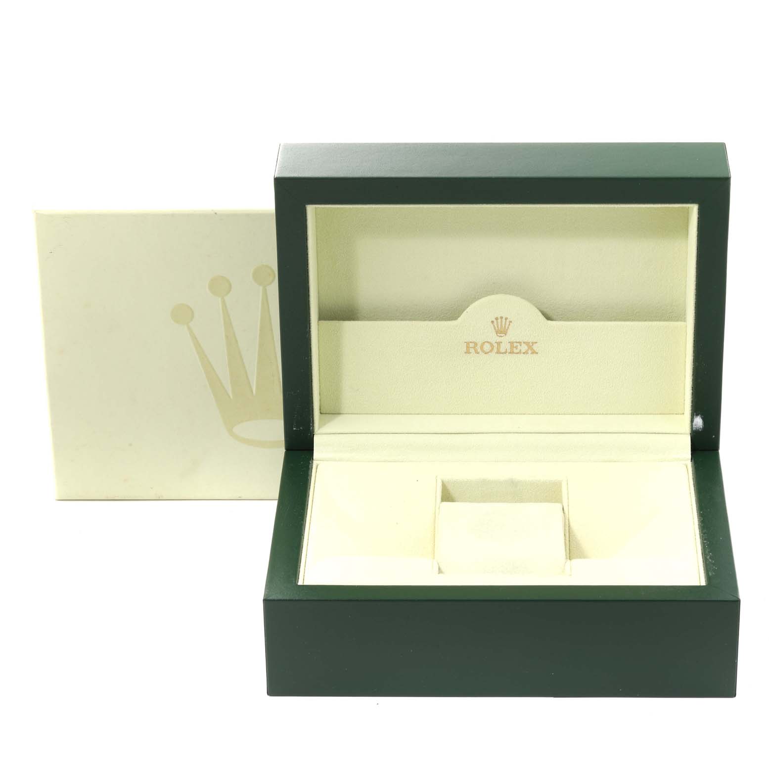 This image shows an open Rolex watch box for the Explorer model, with an inner compartment for the watch.