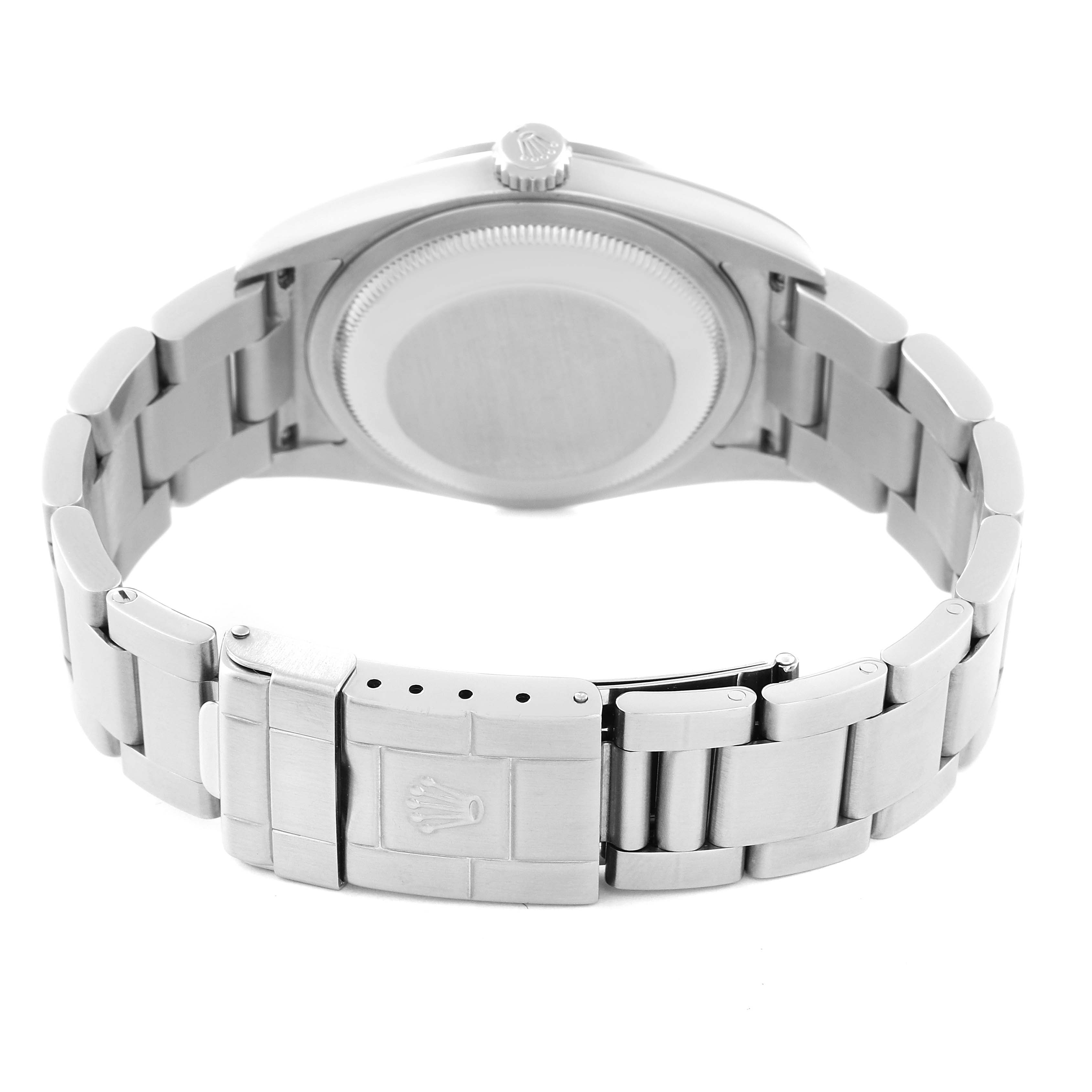 The image shows the rear view of a Rolex Explorer 114270 Men
s Stainless Steel Black Dial 114270 Men
s Stainless Steel Black Dial model, highlighting its bracelet and clasp, along with the watch case back.