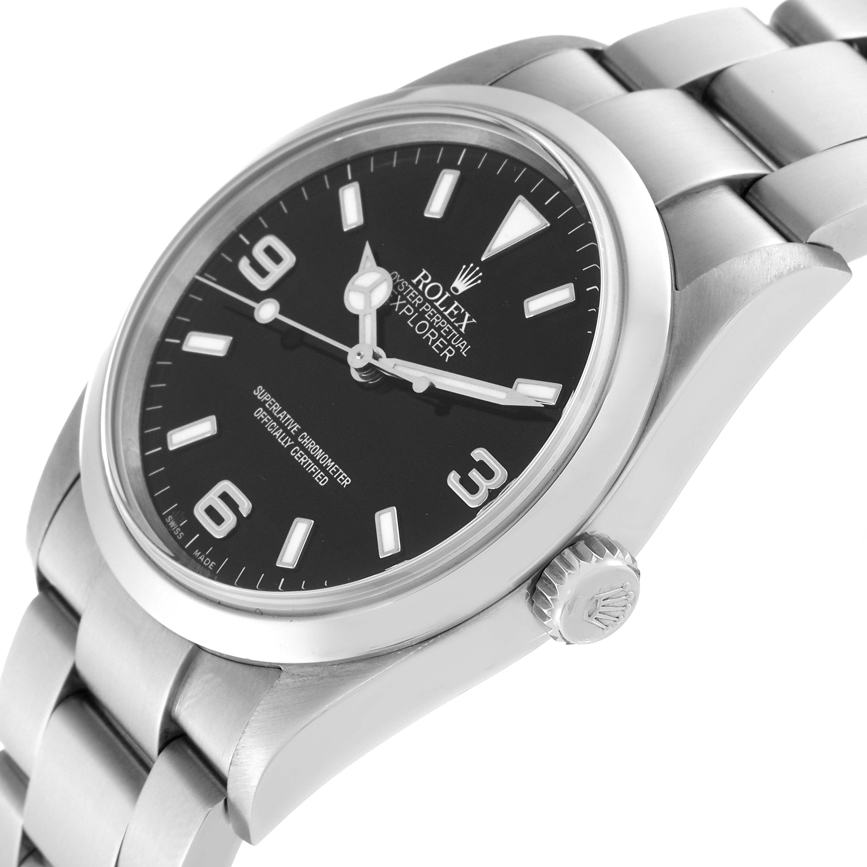 This image shows a Rolex Explorer 114270 Men
s Stainless Steel Black Dial 114270 Men
s Stainless Steel Black Dial model watch at a three-quarter angle, highlighting the dial, case, crown, and bracelet.