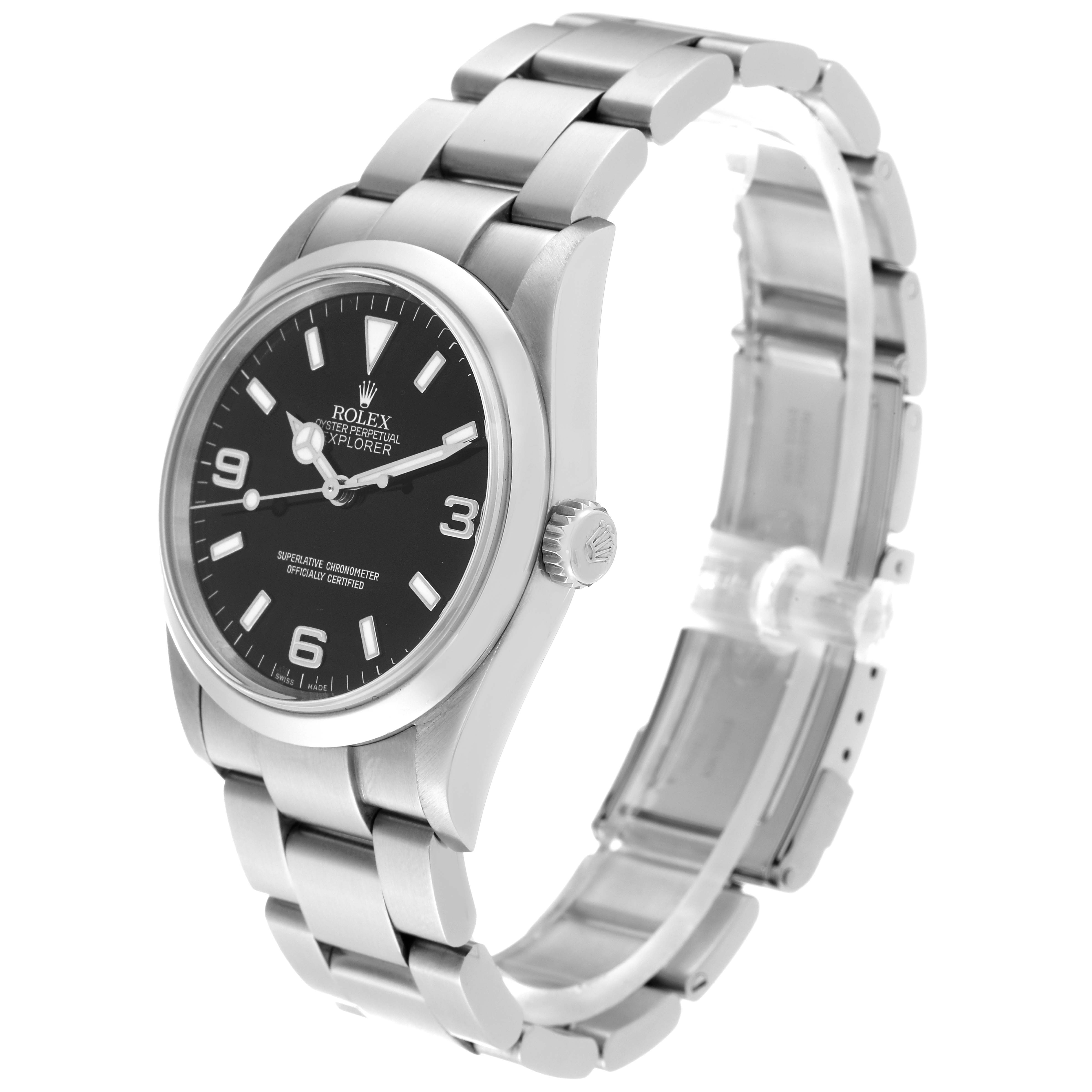 The Rolex Explorer 114270 Men
s Stainless Steel Black Dial 114270 Men
s Stainless Steel Black Dial watch is shown at a tilted angle displaying its face, crown, and metal bracelet.