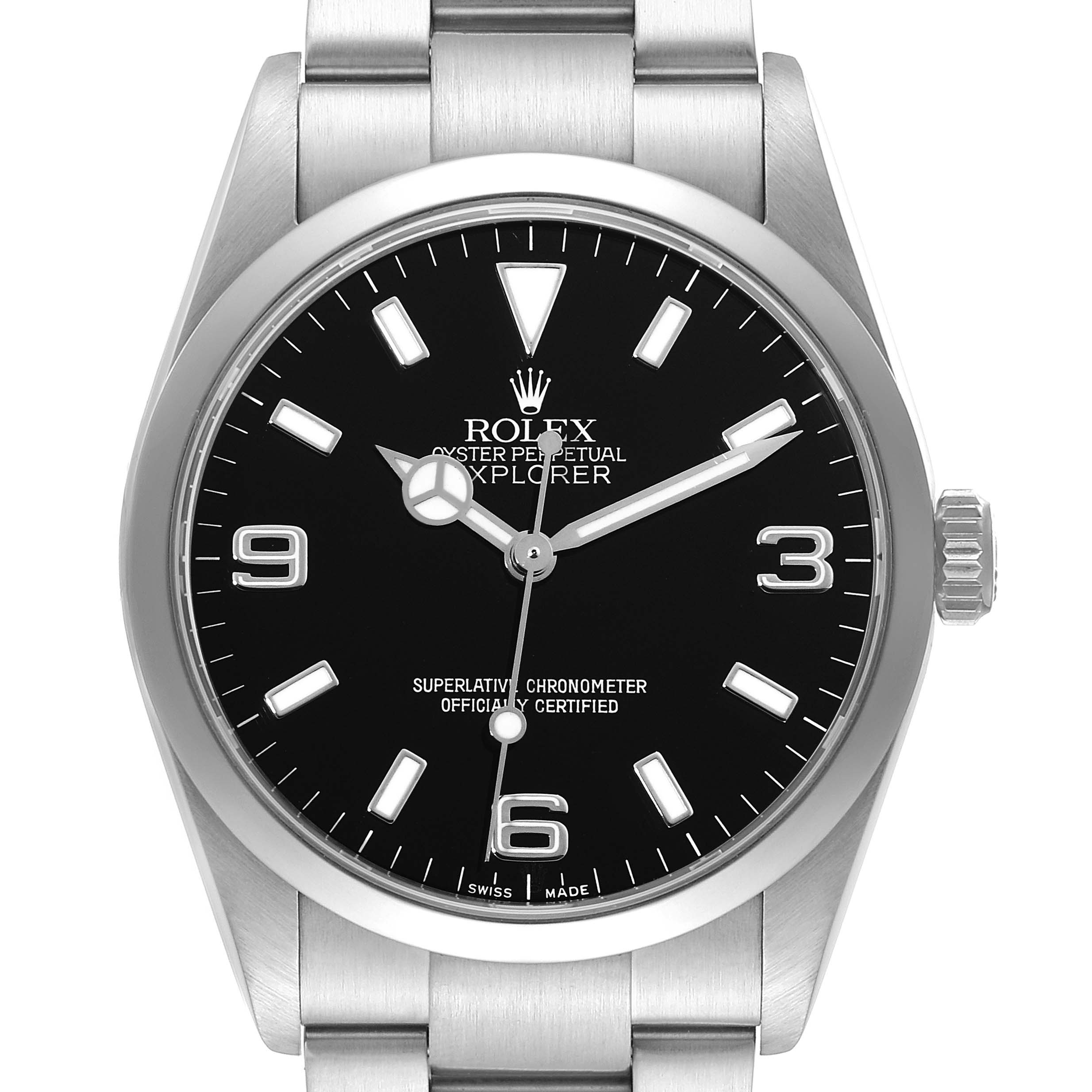 Front view of the Rolex Explorer 114270 Men
s Stainless Steel Black Dial 114270 Men
s Stainless Steel Black Dial model, showing the dial, hour markers, hands, crown, and part of the stainless steel bracelet.