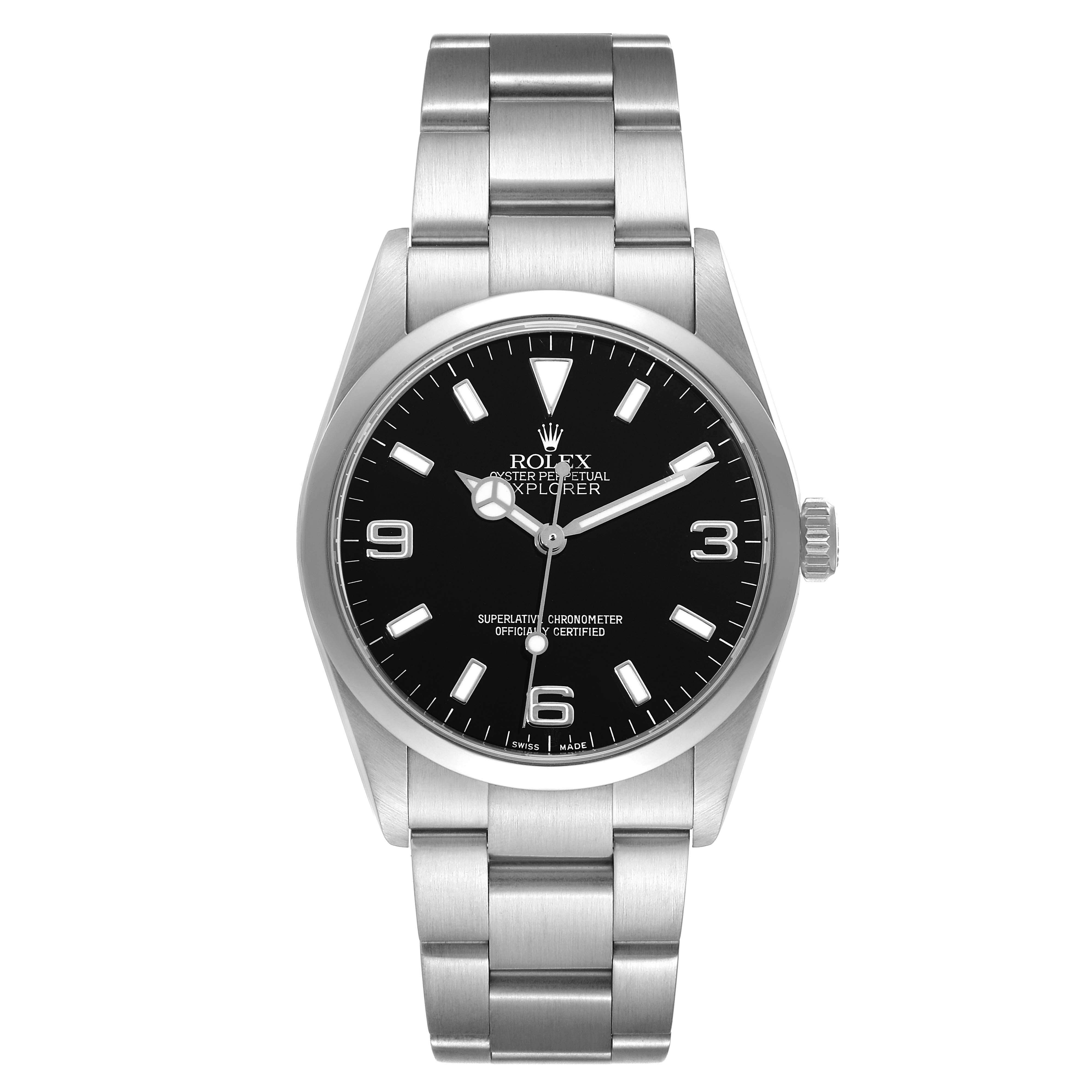 The image shows a front view of a Rolex Explorer 114270 Men
s Stainless Steel Black Dial 114270 Men
s Stainless Steel Black Dial watch, displaying its face, bezel, crown, and bracelet.