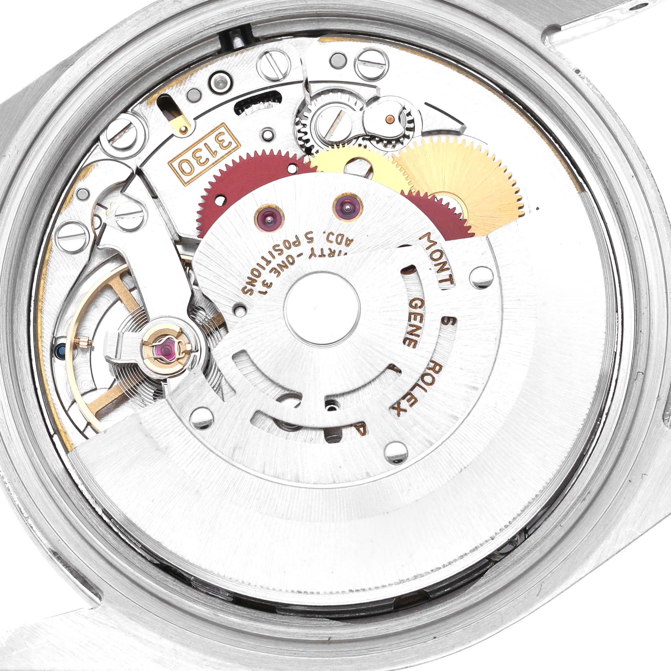 This image shows the internal mechanical movement of a Rolex Explorer 114270 Men
s Stainless Steel Black Dial 114270 Men
s Stainless Steel Black Dial watch viewed from the back.