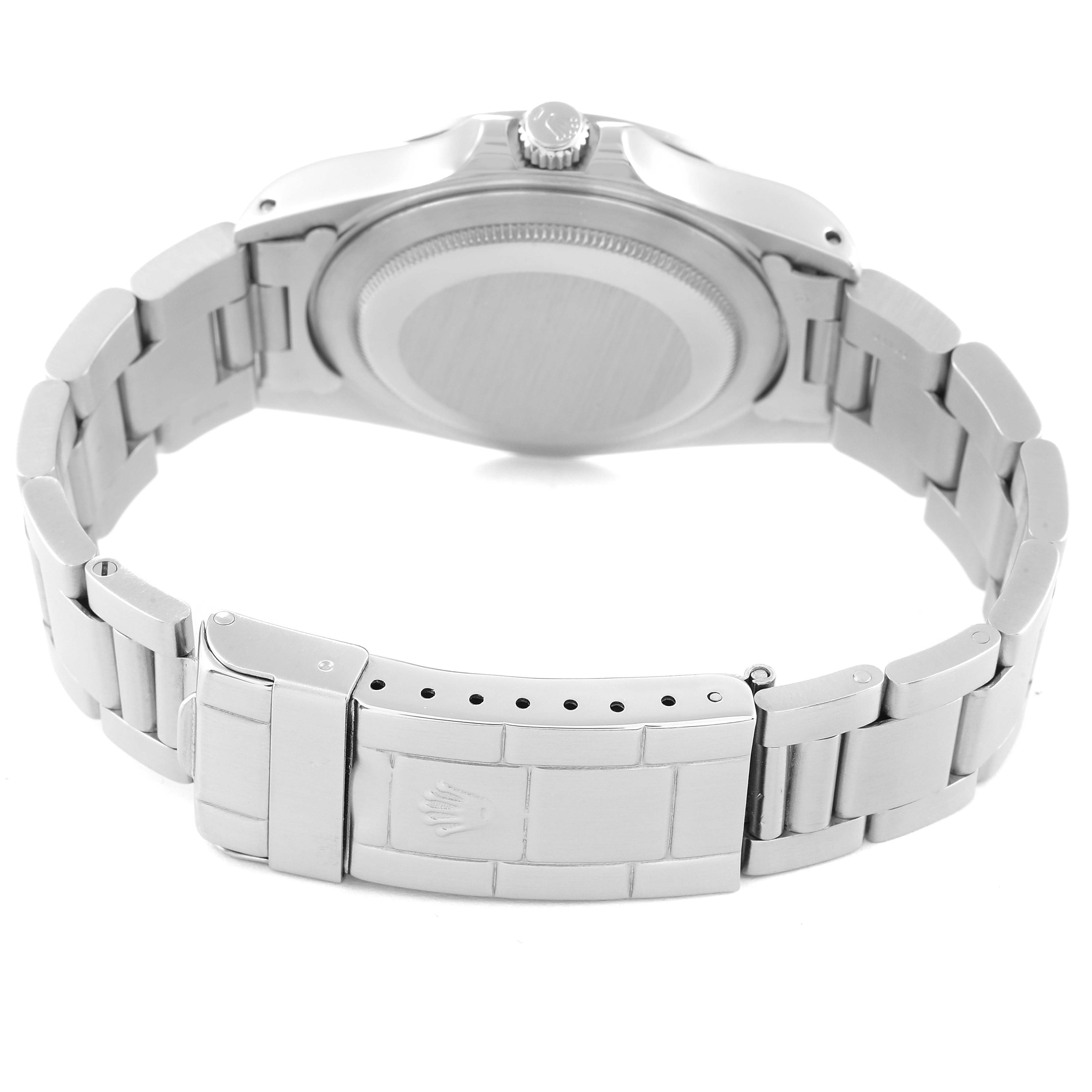 The image shows the back and clasp of a Rolex Explorer 16570 Men's Stainless Steel Black Dial 16570 Men's Stainless Steel Black Dial watch, highlighting the bracelet and case back.