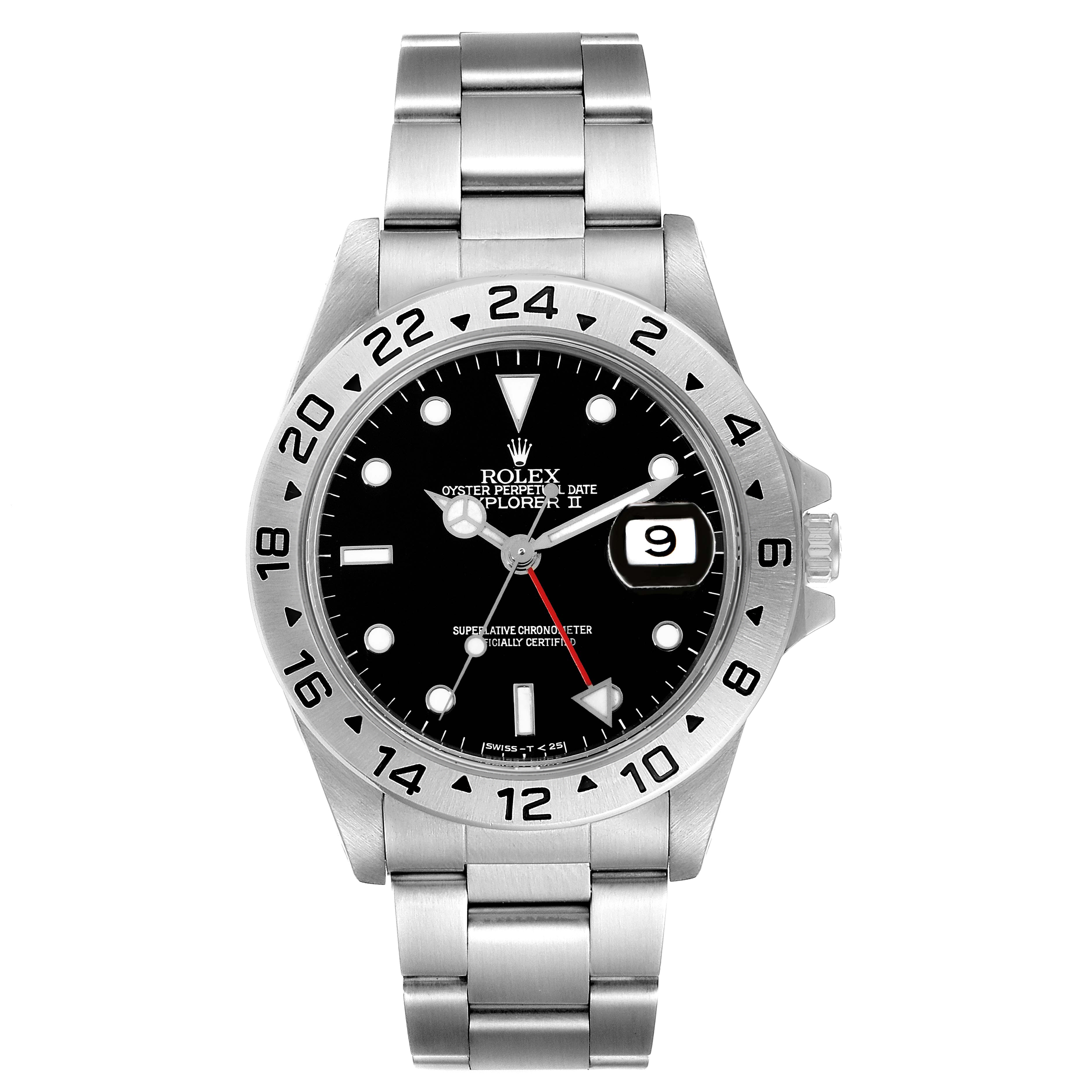 This image shows a front view of a Rolex Explorer 16570 Men's Stainless Steel Black Dial 16570 Men's Stainless Steel Black Dial watch, displaying its bezel, dial, hands, date window, and bracelet.