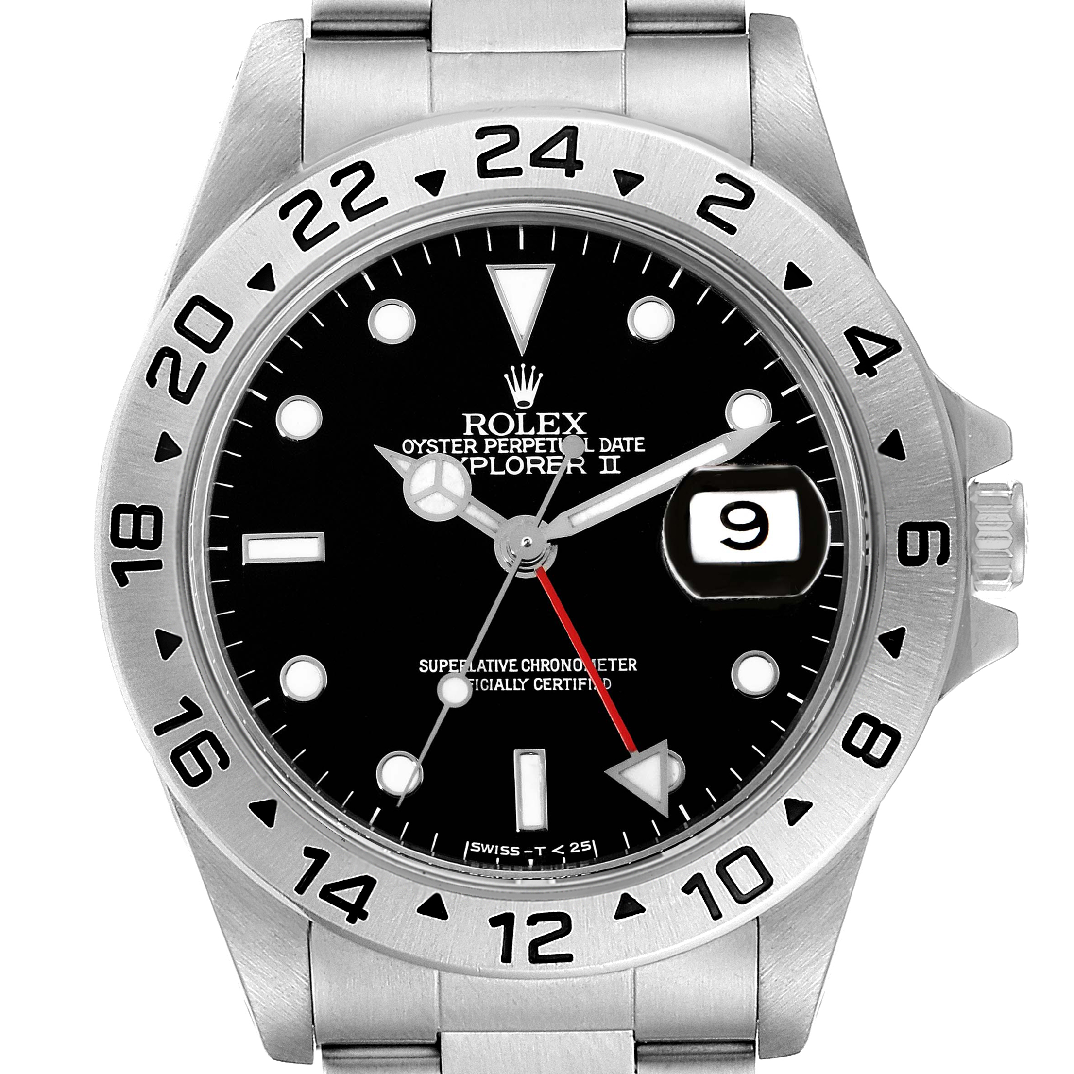 The image shows a front view of a Rolex Explorer 16570 Men's Stainless Steel Black Dial 16570 Men's Stainless Steel Black Dial watch, highlighting its bezel, dial, bracelet, and date window.
