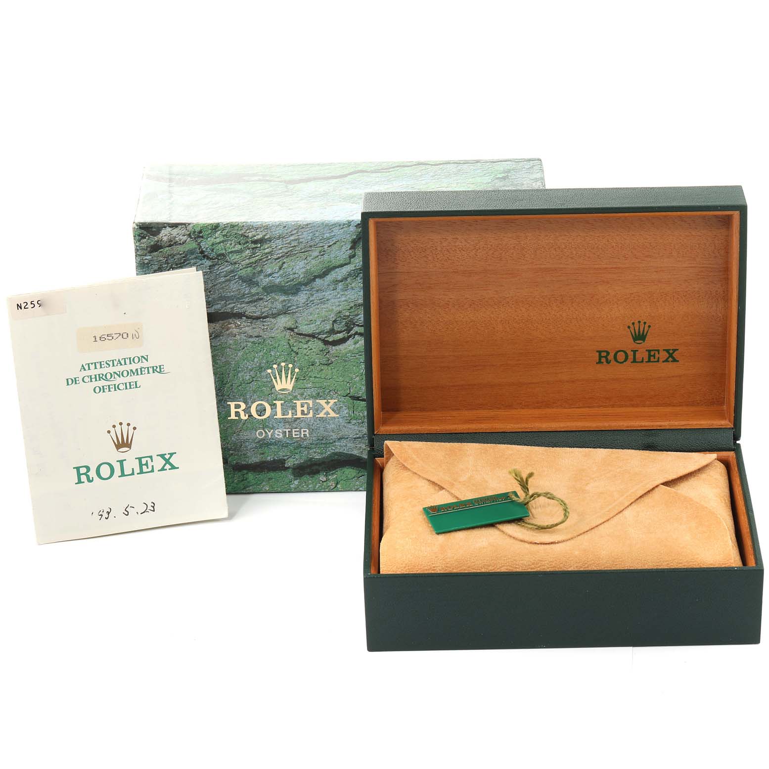 The image shows the packaging, outer box, certificate, and cloth pouch for the Rolex Explorer 16570 Men's Stainless Steel Black Dial 16570 Men's Stainless Steel Black Dial watch model.