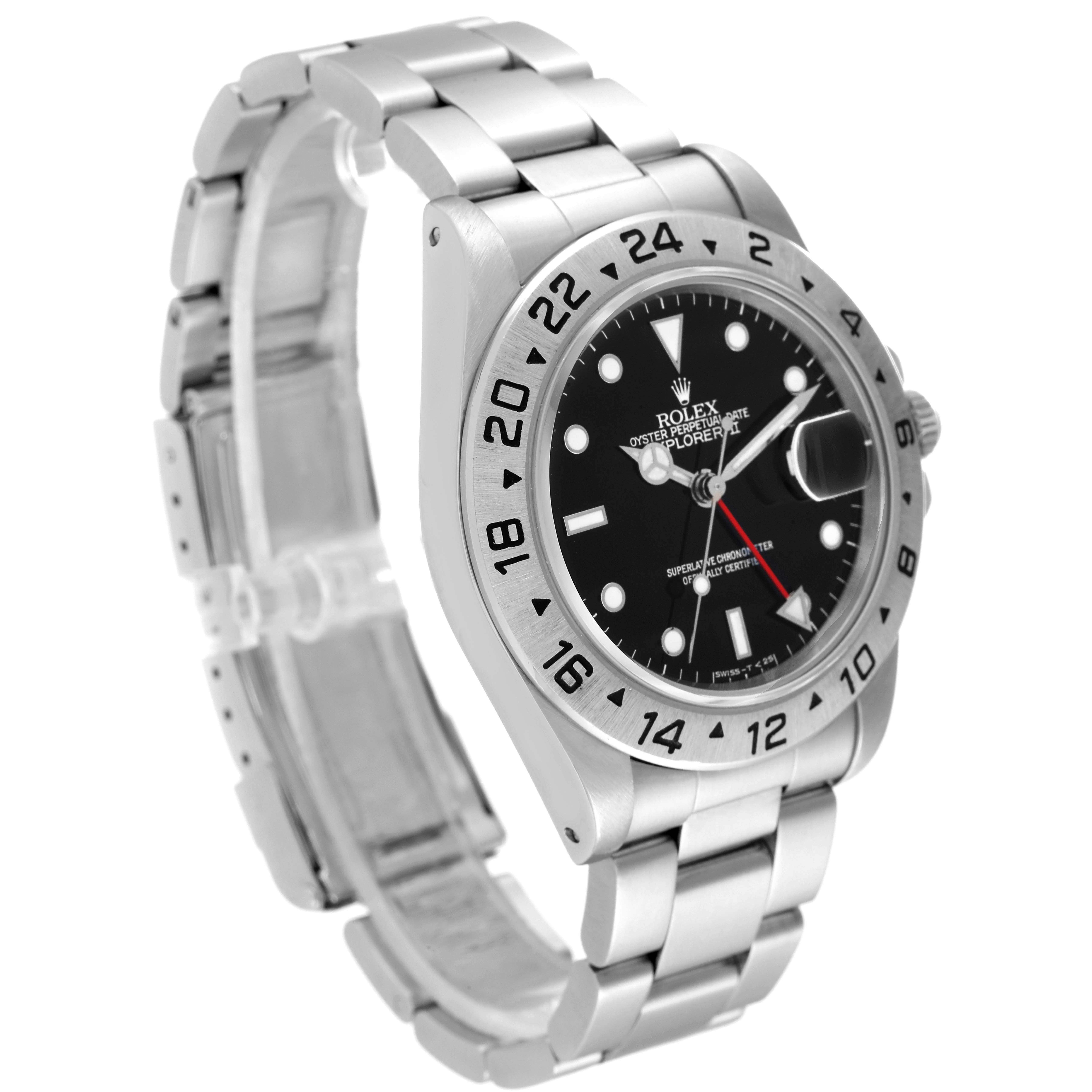 The image shows a side-angle view of a Rolex Explorer 16570 Men's Stainless Steel Black Dial 16570 Men's Stainless Steel Black Dial watch featuring its bracelet, dial, and bezel.