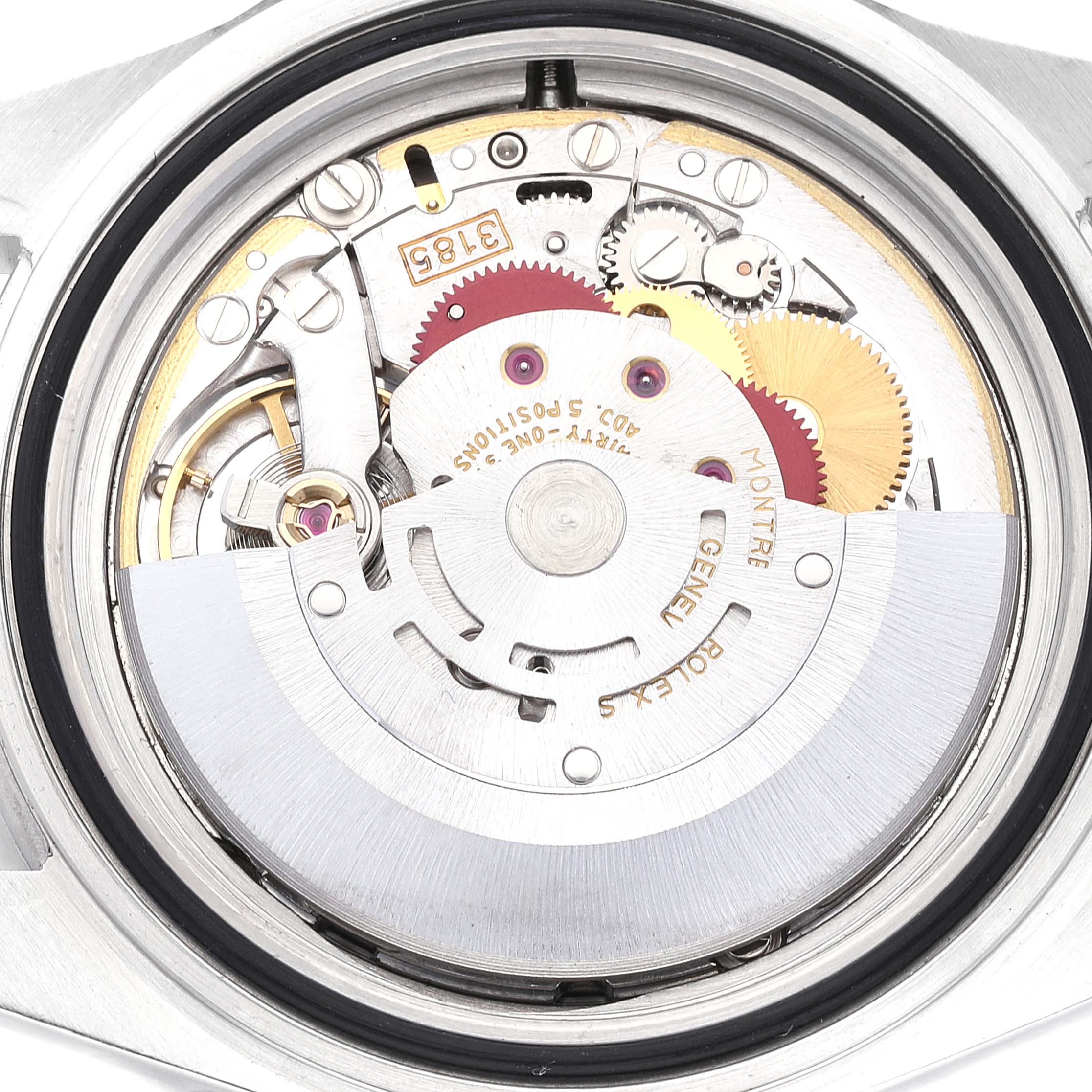This image shows the intricate movement mechanism of a Rolex Explorer 16570 Men's Stainless Steel Black Dial 16570 Men's Stainless Steel Black Dial watch from a close-up, back angle.