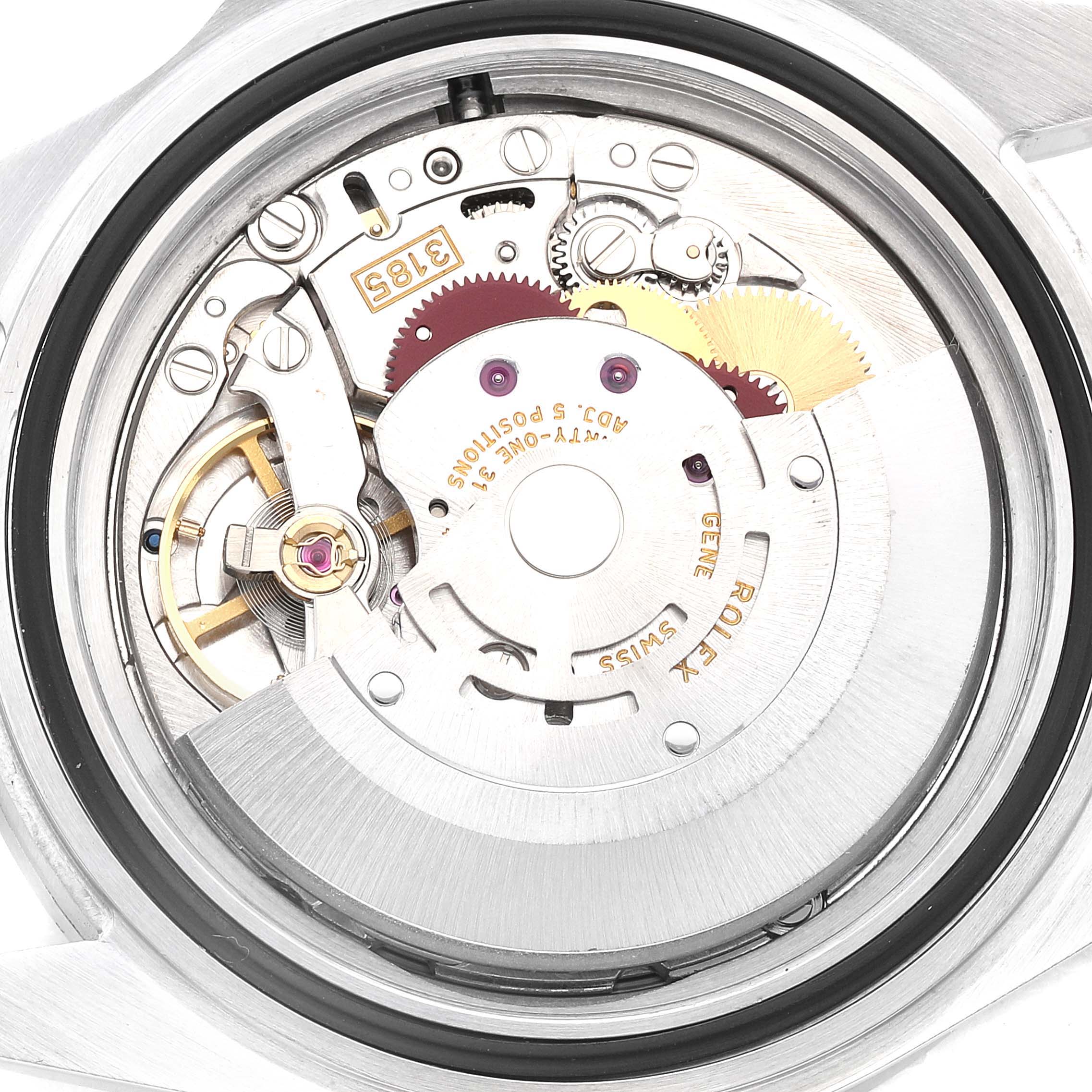 This image shows the open back case revealing the intricate internal movement of the Rolex Explorer 16570 Men
s Stainless Steel Black Dial 16570 Men
s Stainless Steel Black Dial watch.