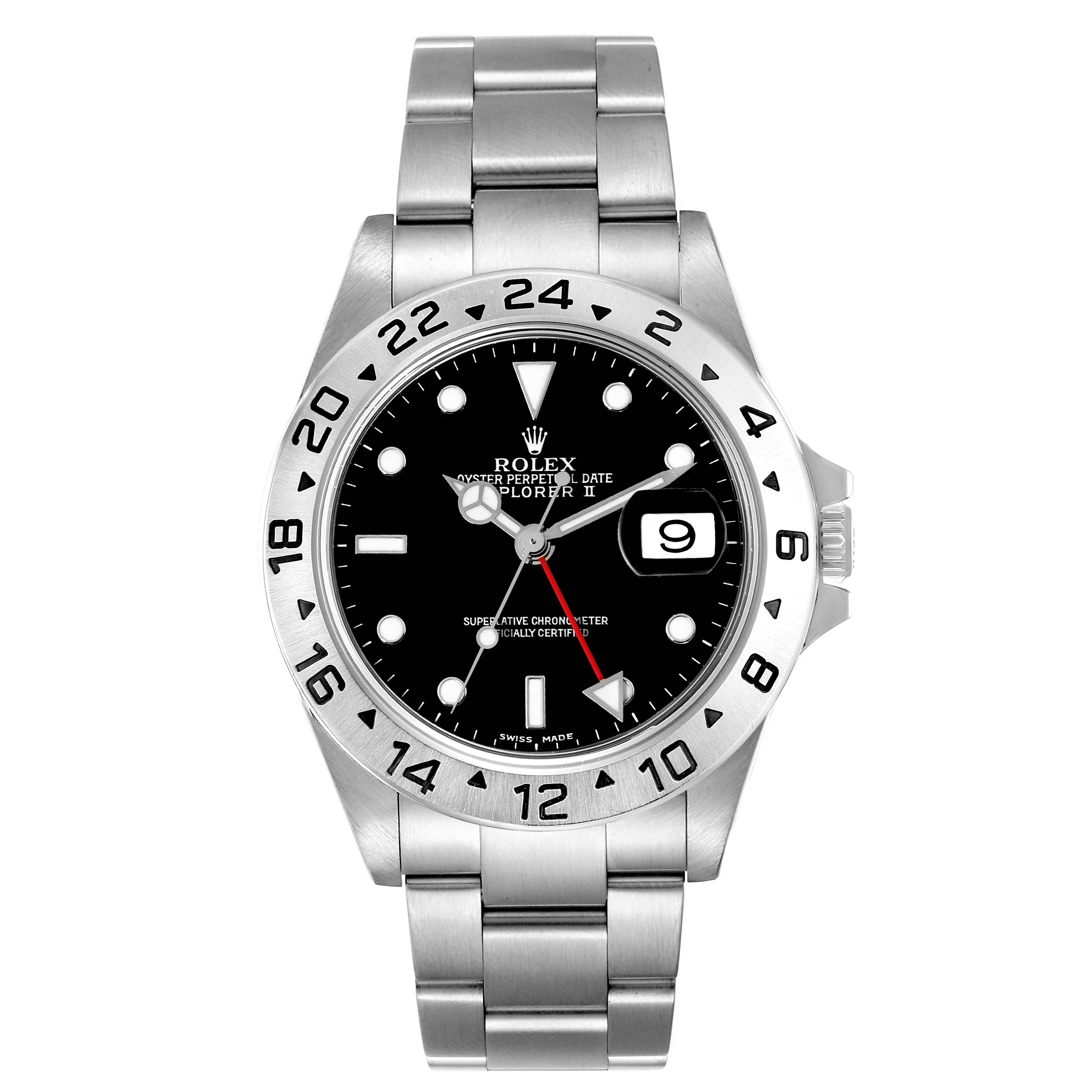 This image shows a front view of the Rolex Explorer 16570 Men
s Stainless Steel Black Dial 16570 Men
s Stainless Steel Black Dial watch, including its dial, bezel, and bracelet.