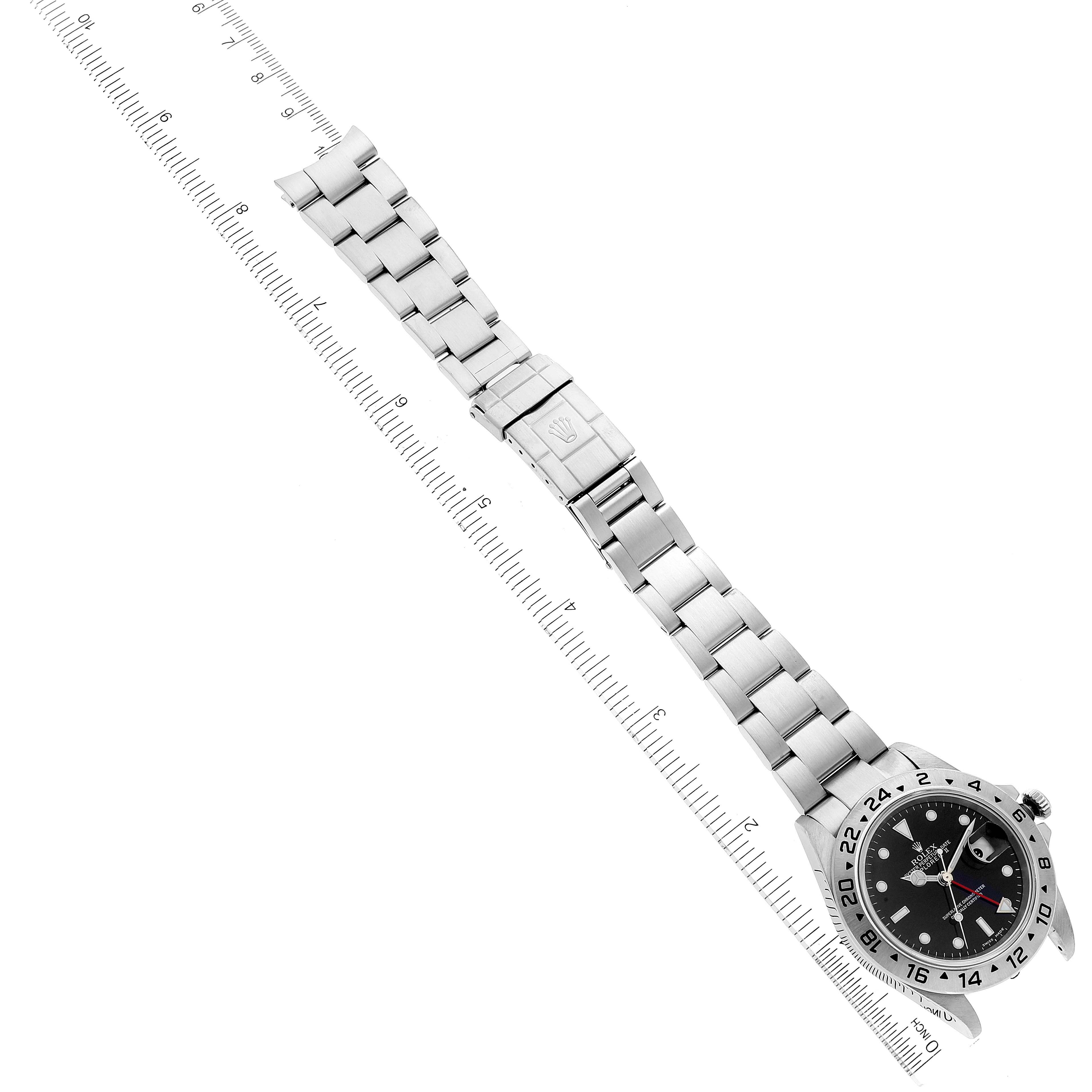 The Rolex Explorer 16570 Men
s Stainless Steel Black Dial 16570 Men
s Stainless Steel Black Dial watch is shown from a top-down angle, displaying the face and the full length of the metal bracelet and clasp.