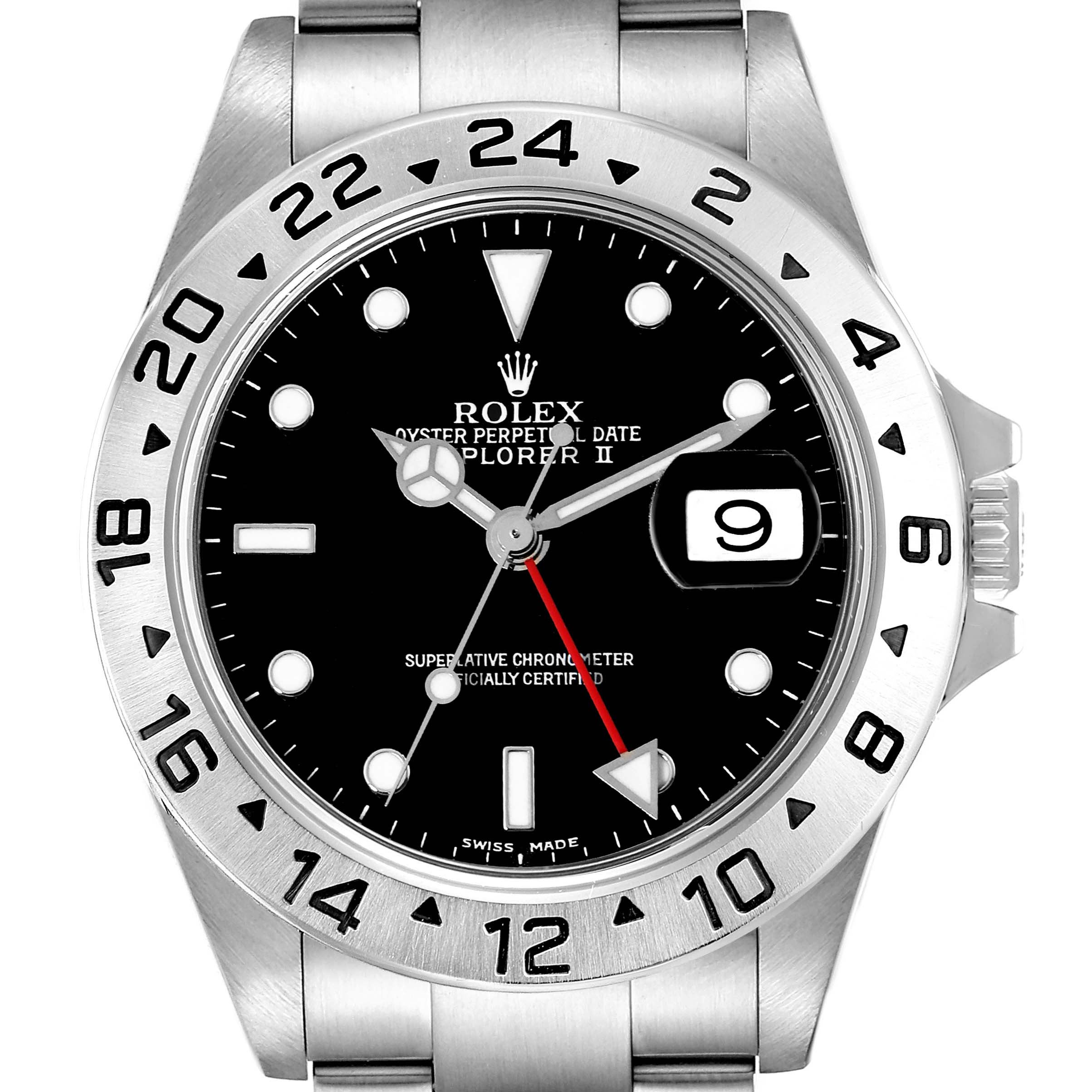 The image shows a front view of the Rolex Explorer 16570 Men
s Stainless Steel Black Dial 16570 Men
s Stainless Steel Black Dial watch, featuring its dial, bezel, and part of the bracelet.