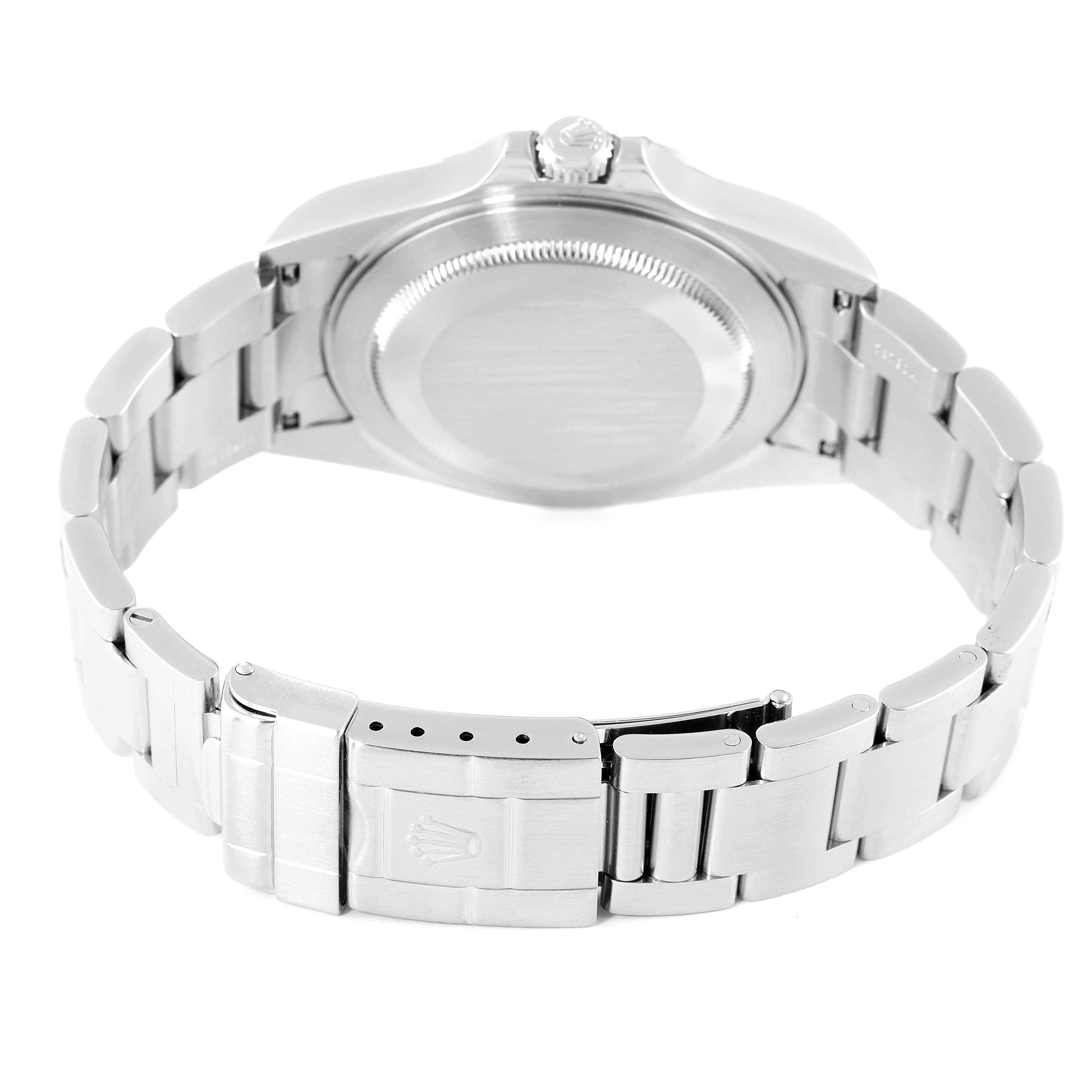 This image shows the case back and bracelet of a Rolex Explorer 16570 Men
s Stainless Steel Black Dial 16570 Men
s Stainless Steel Black Dial watch from a rear angle.