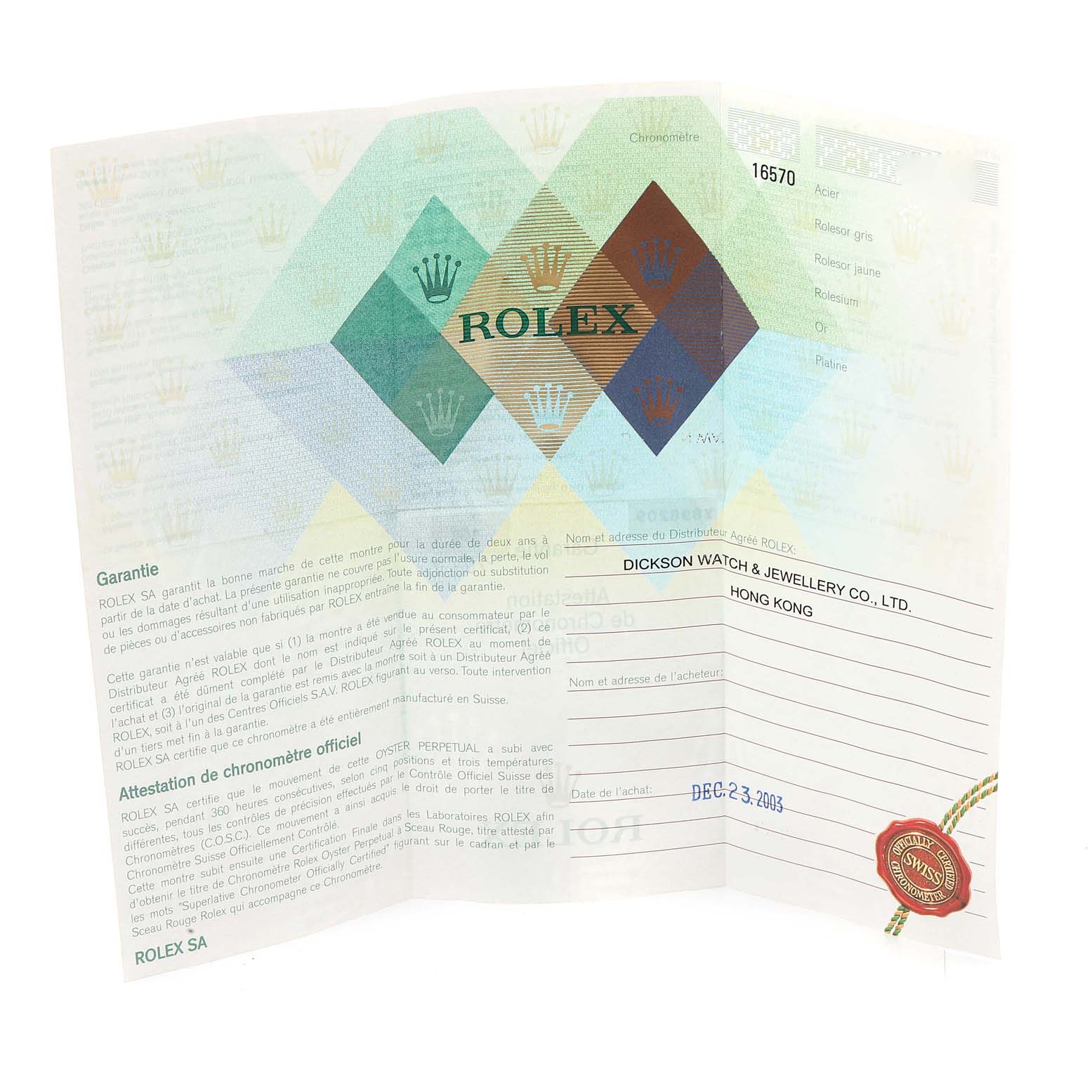 This image shows a warranty card and Best Quality
ity certificate for a Rolex Explorer 16570 Men
s Stainless Steel Black Dial 16570 Men
s Stainless Steel Black Dial model from an angled top-down view.