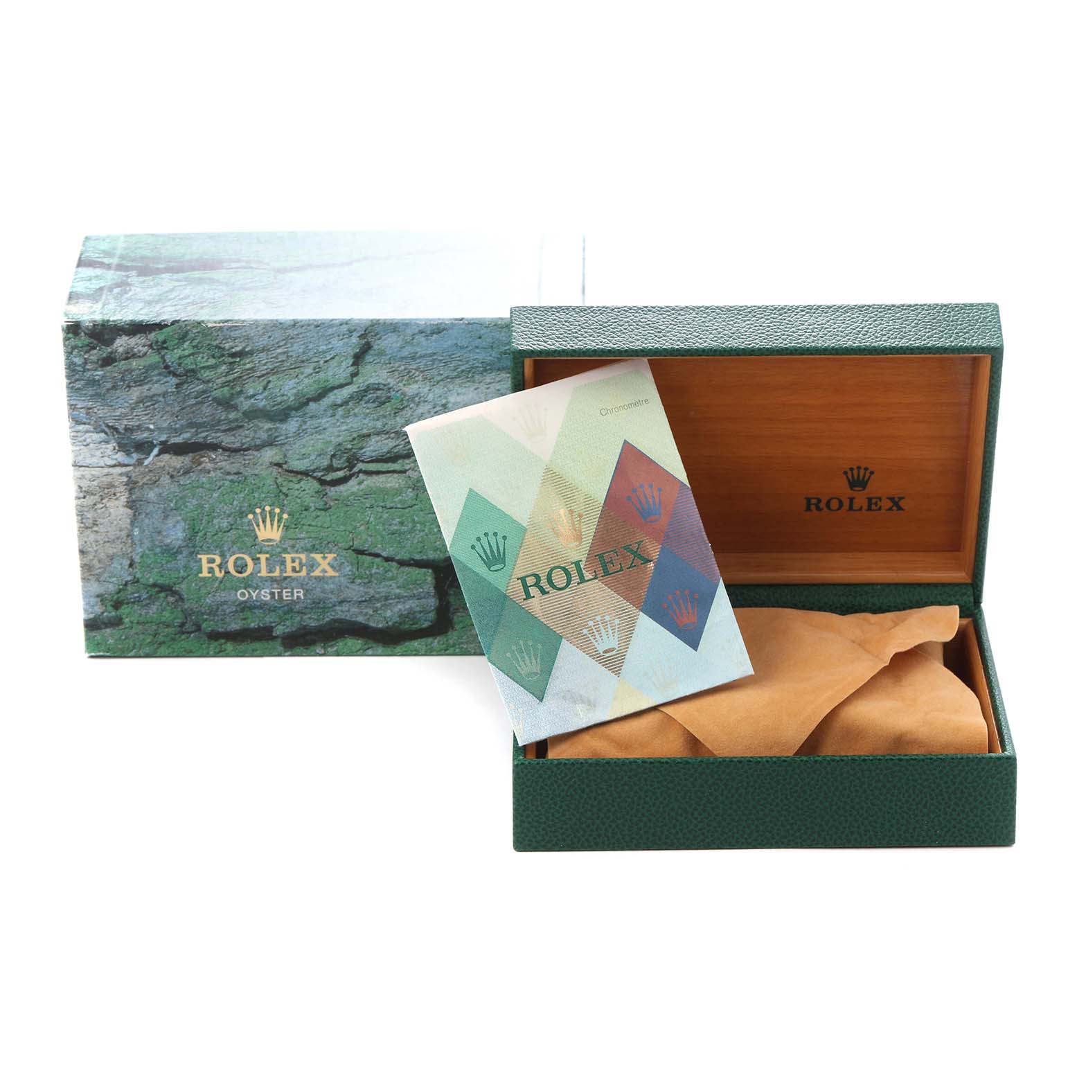 The image shows the packaging for a Rolex Explorer 16570 Men
s Stainless Steel Black Dial 16570 Men
s Stainless Steel Black Dial, including an outer box, inner box, and booklet.