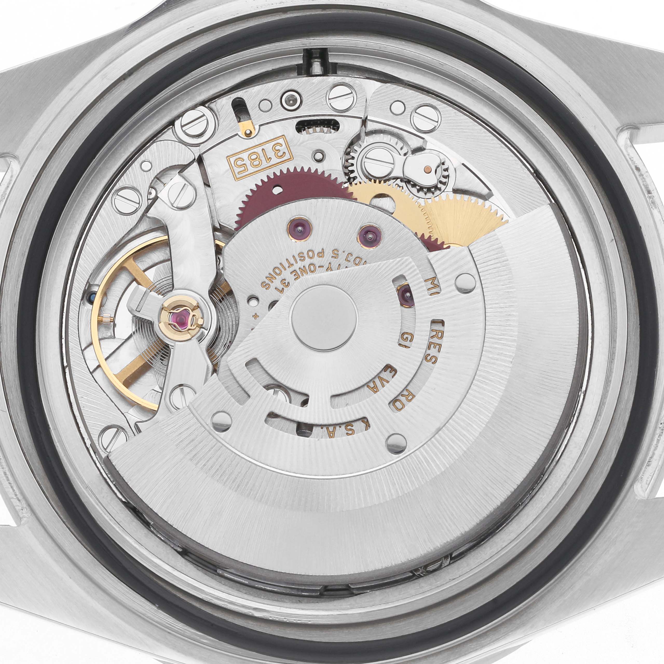 The image shows the movement of a Rolex Explorer 16570 Men
s Stainless Steel Black Dial 16570 Men
s Stainless Steel Black Dial watch, highlighting internal gears and mechanisms from a rear view.