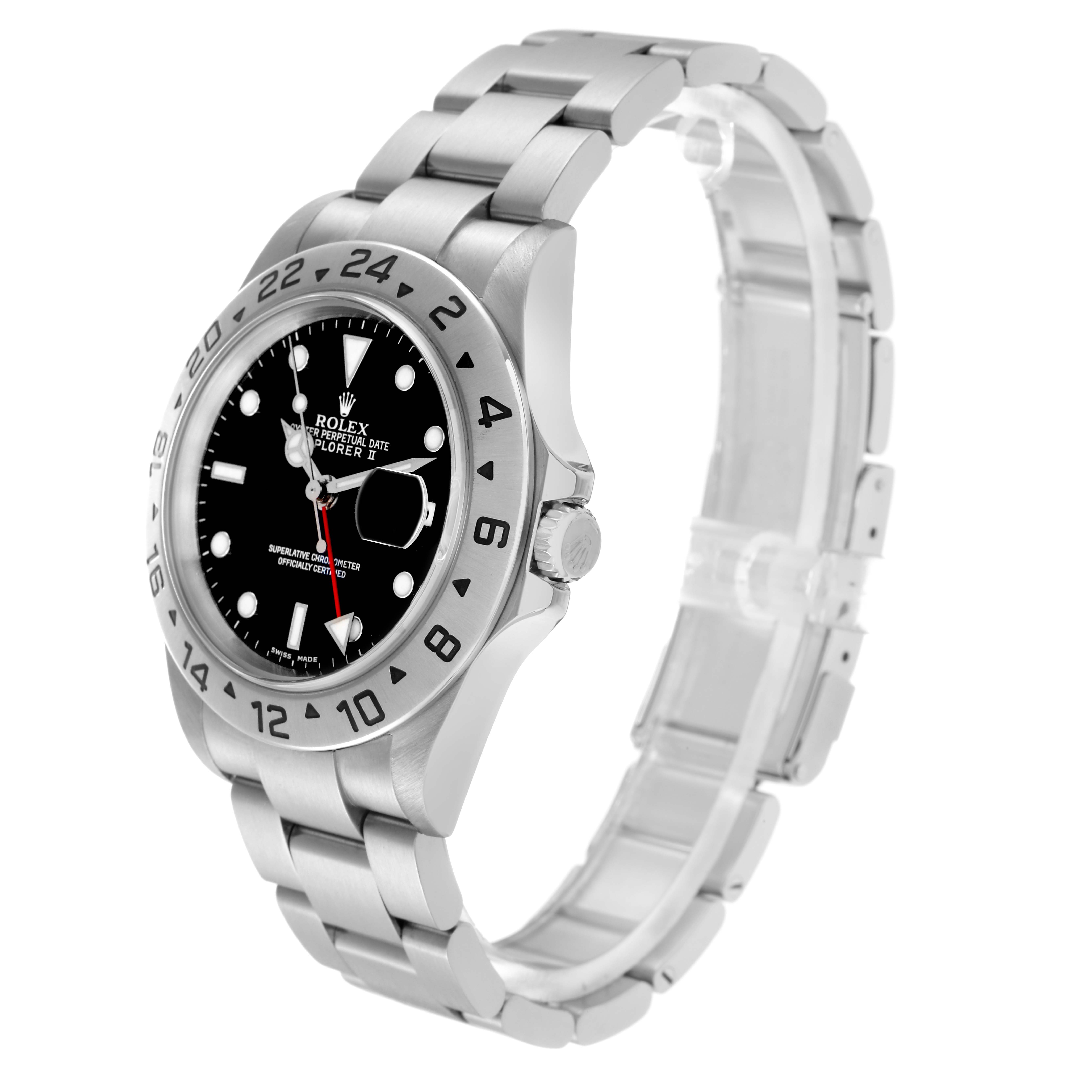 The Rolex Explorer 16570 Men
s Stainless Steel Black Dial 16570 Men
s Stainless Steel Black Dial watch is shown at an angled side view, highlighting the bezel, dial, and metal bracelet.