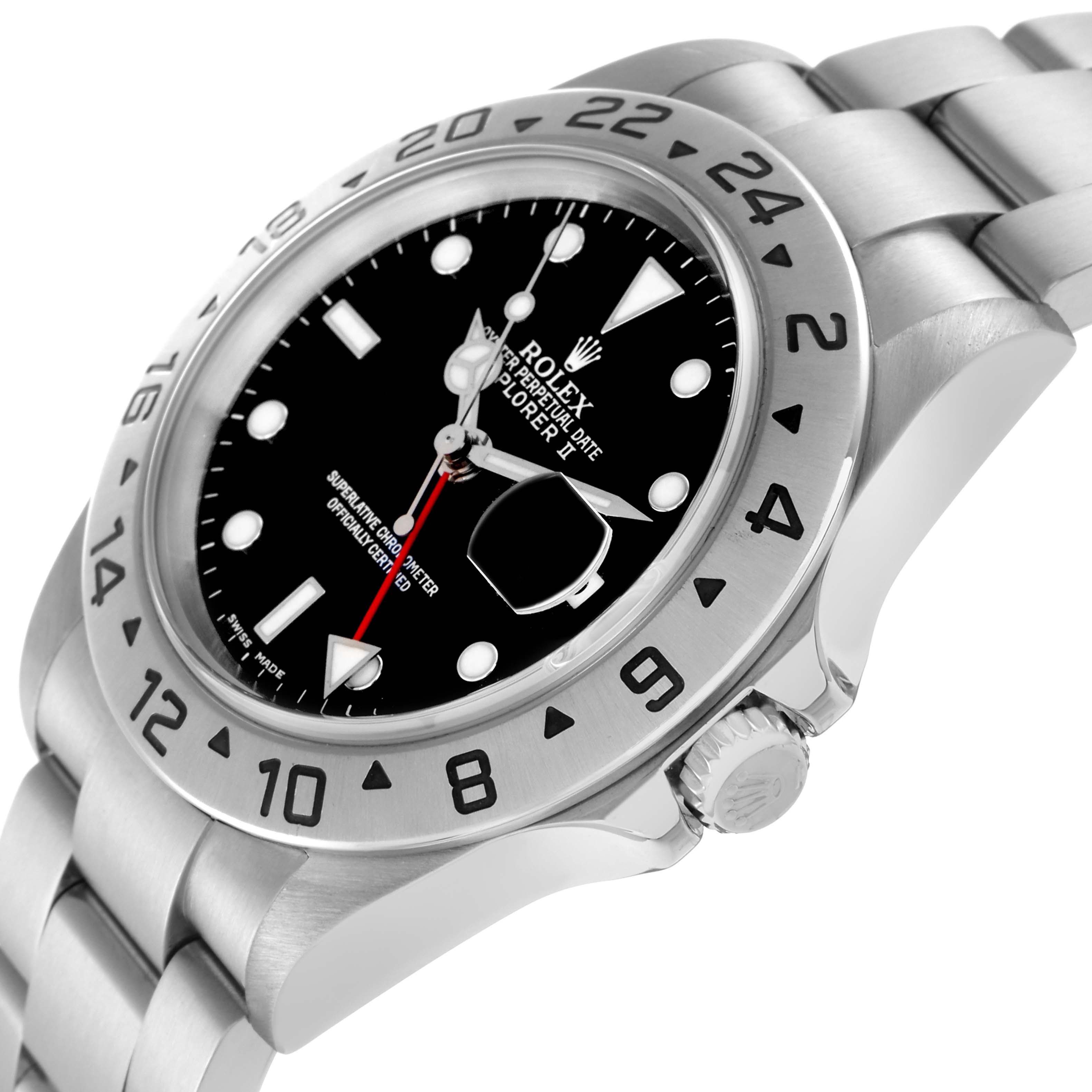 The Rolex Explorer 16570 Men
s Stainless Steel Black Dial 16570 Men
s Stainless Steel Black Dial watch is shown at a three-quarter angle, highlighting the dial, bezel, bracelet, and crown.