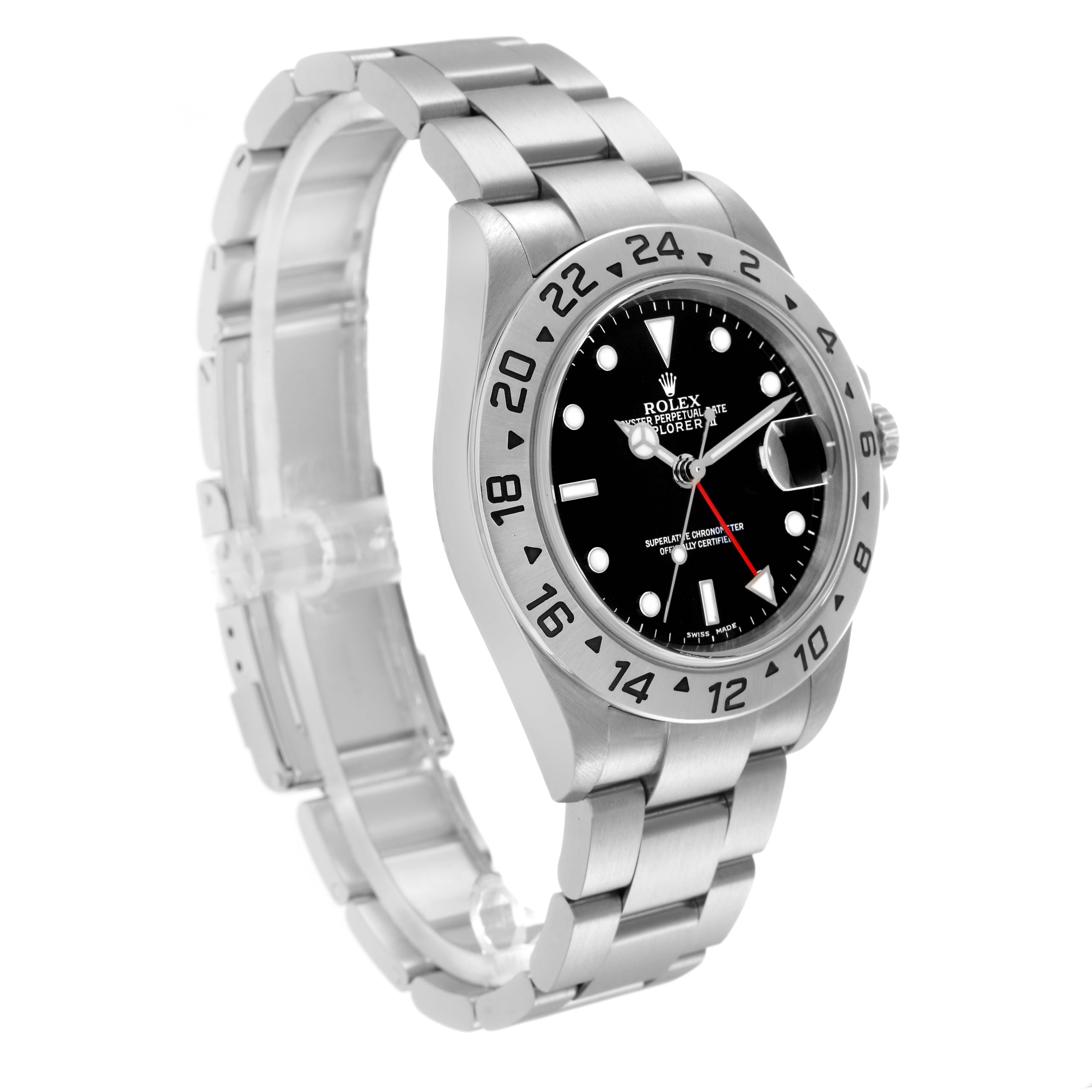 The Rolex Explorer 16570 Men
s Stainless Steel Black Dial 16570 Men
s Stainless Steel Black Dial watch is shown at a three-quarter angle, highlighting the face, bezel, and bracelet.