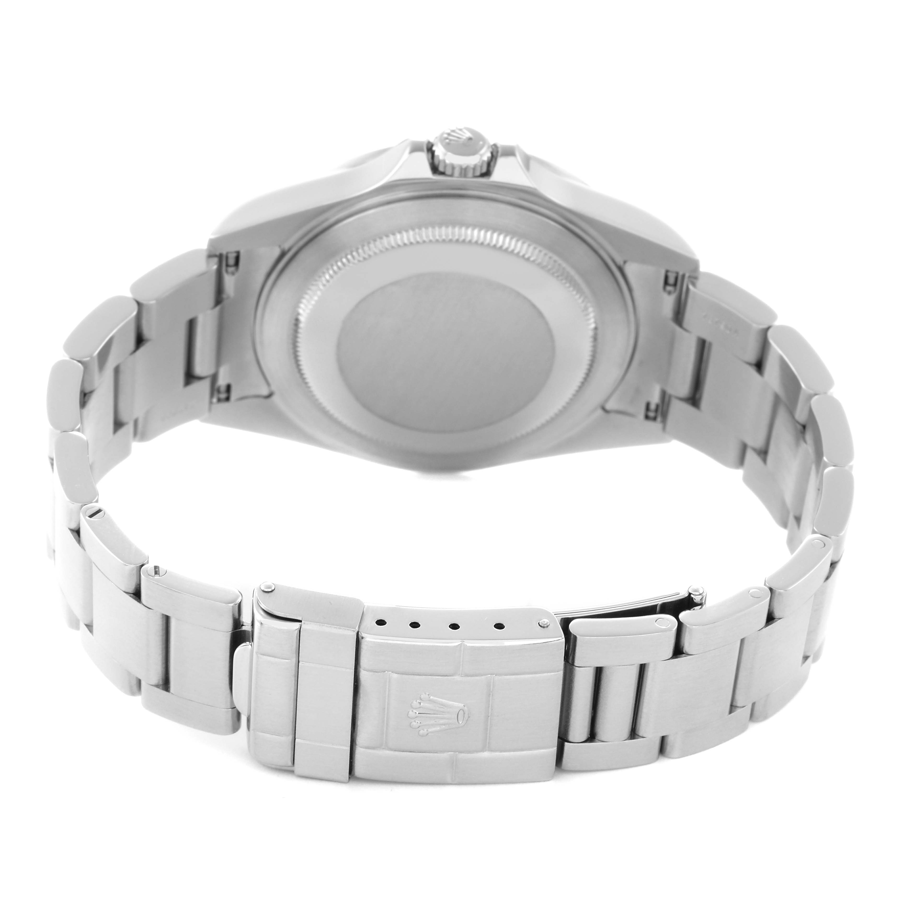 The Rolex Explorer 16570 Men
s Stainless Steel Black Dial 16570 Men
s Stainless Steel Black Dial watch is shown from the back, displaying the case back, bracelet, and clasp.