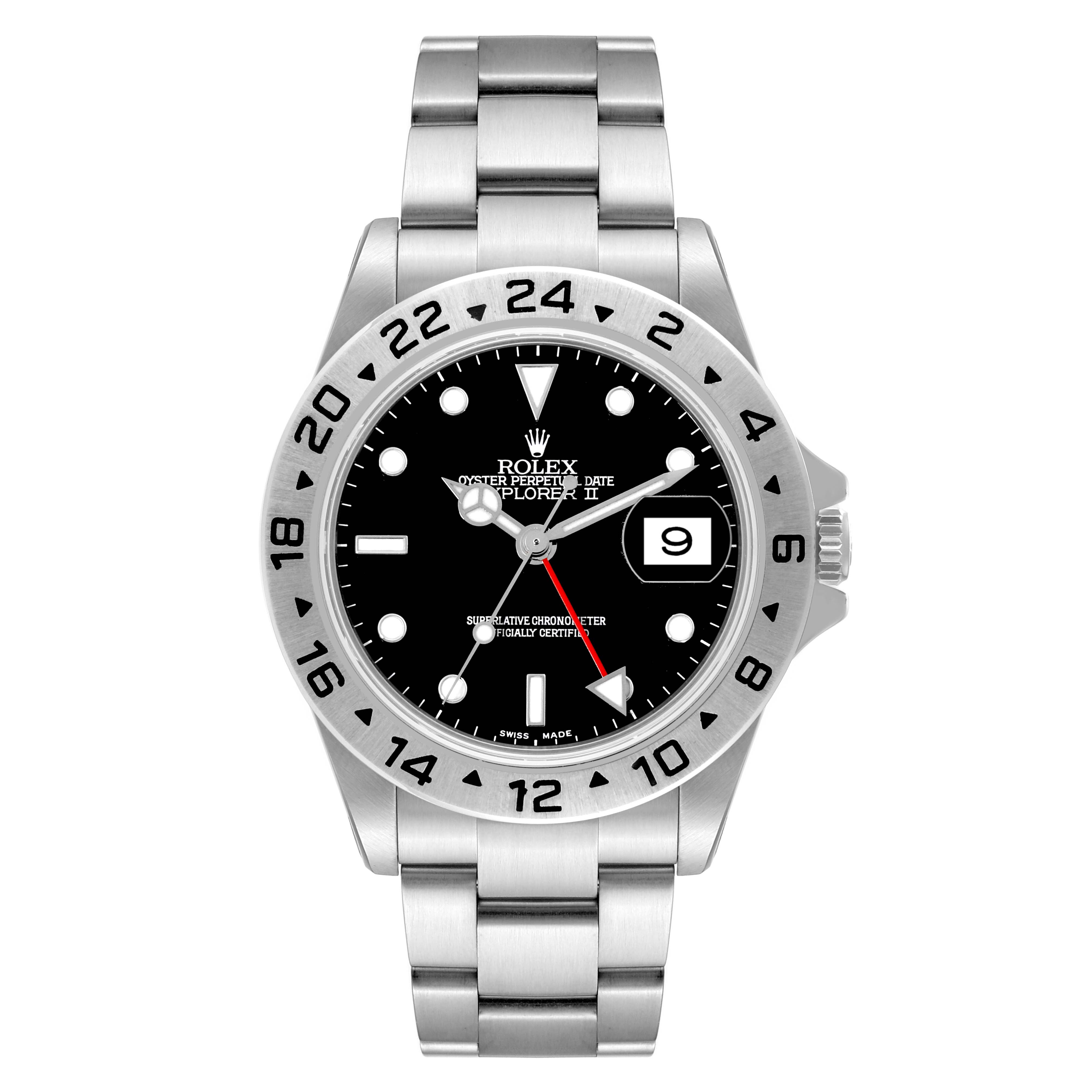 The image shows a front view of a Rolex Explorer 16570 Men
s Stainless Steel Black Dial 16570 Men
s Stainless Steel Black Dial watch with a stainless steel bracelet and a black dial.
