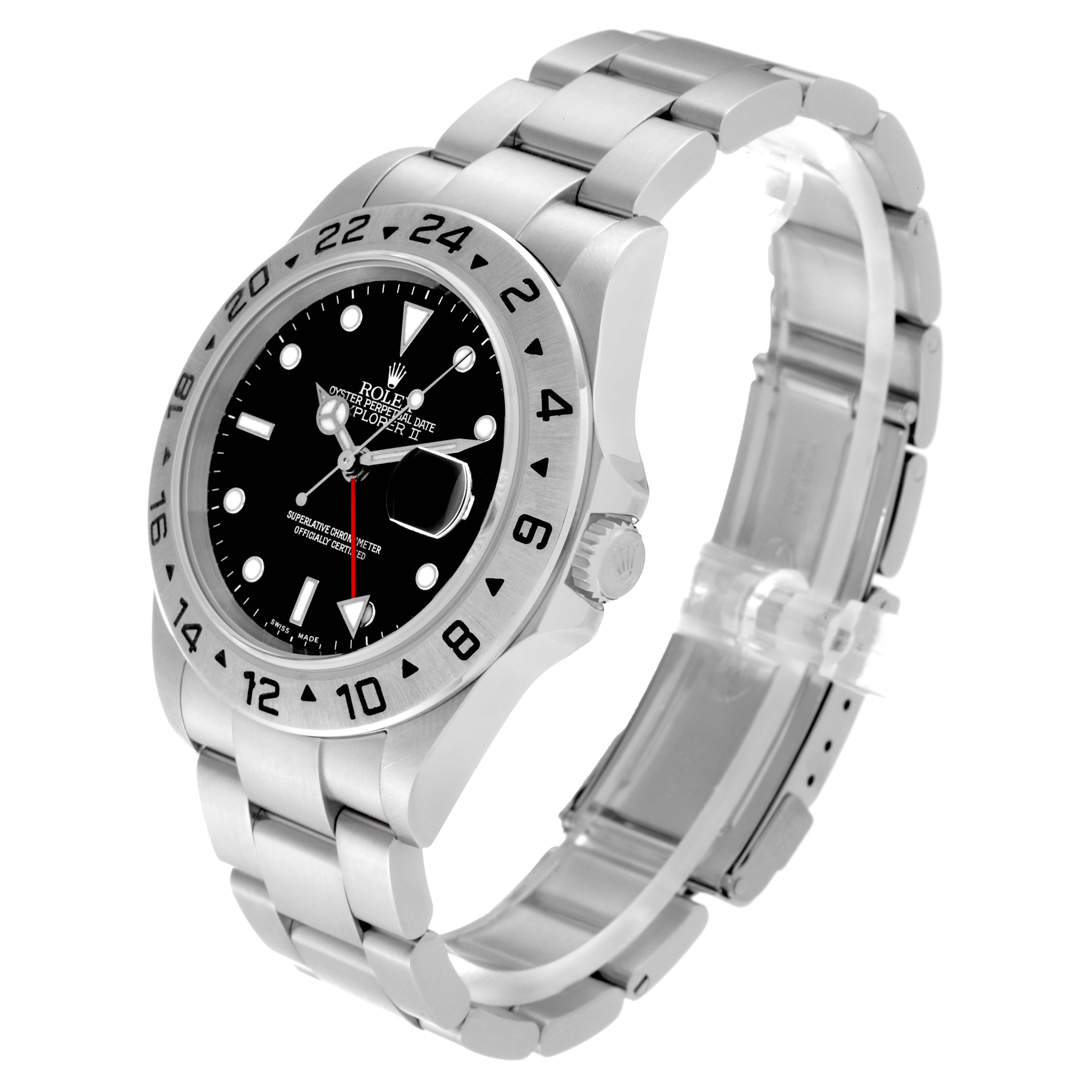 The image shows a side angle view of the Rolex Explorer 16570 Men
s Stainless Steel Black Dial 16570 Men
s Stainless Steel Black Dial watch, highlighting the face, bezel, crown, and bracelet.