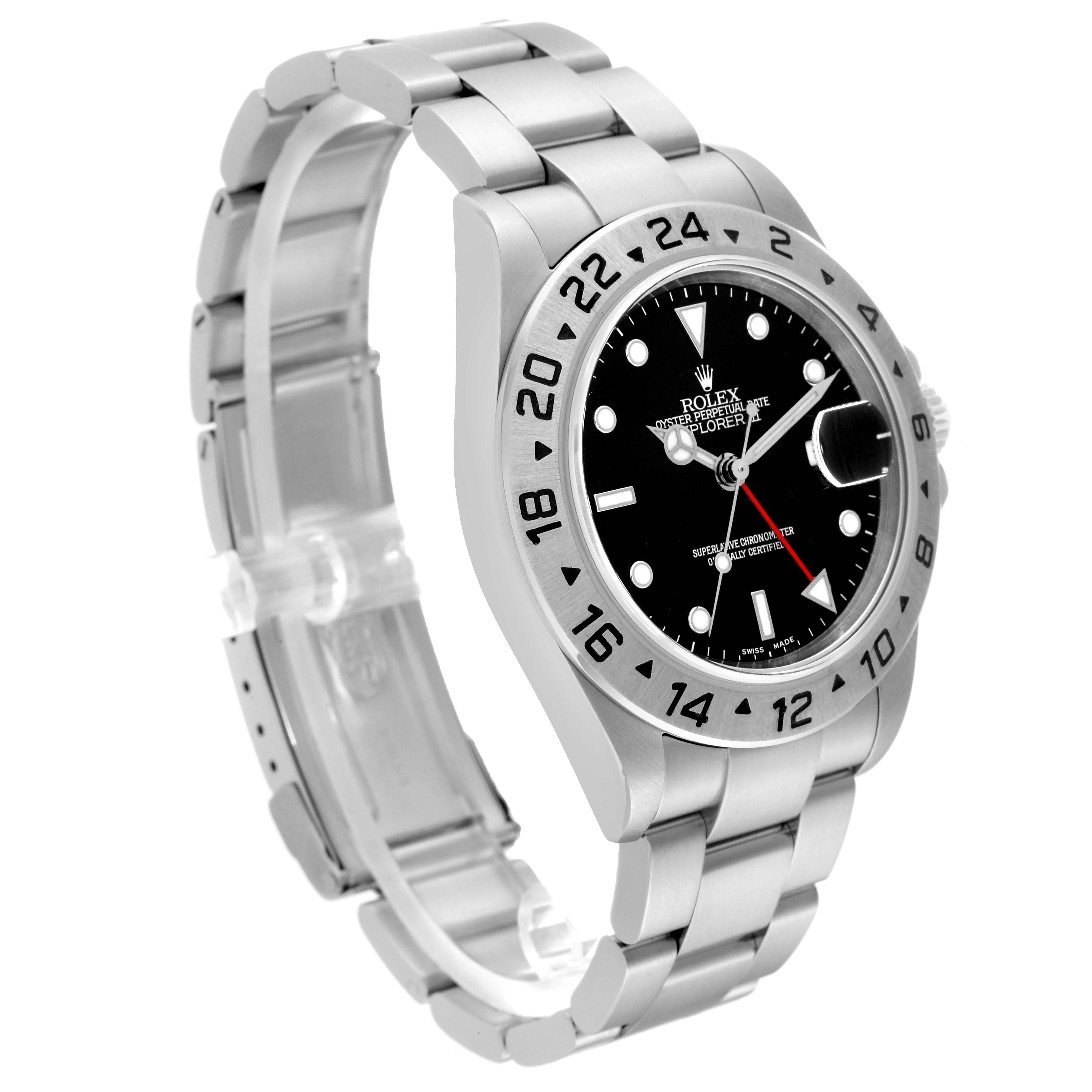 The image shows a side angle of the Rolex Explorer 16570 Men
s Stainless Steel Black Dial 16570 Men
s Stainless Steel Black Dial watch, highlighting its face, bezel, and bracelet.