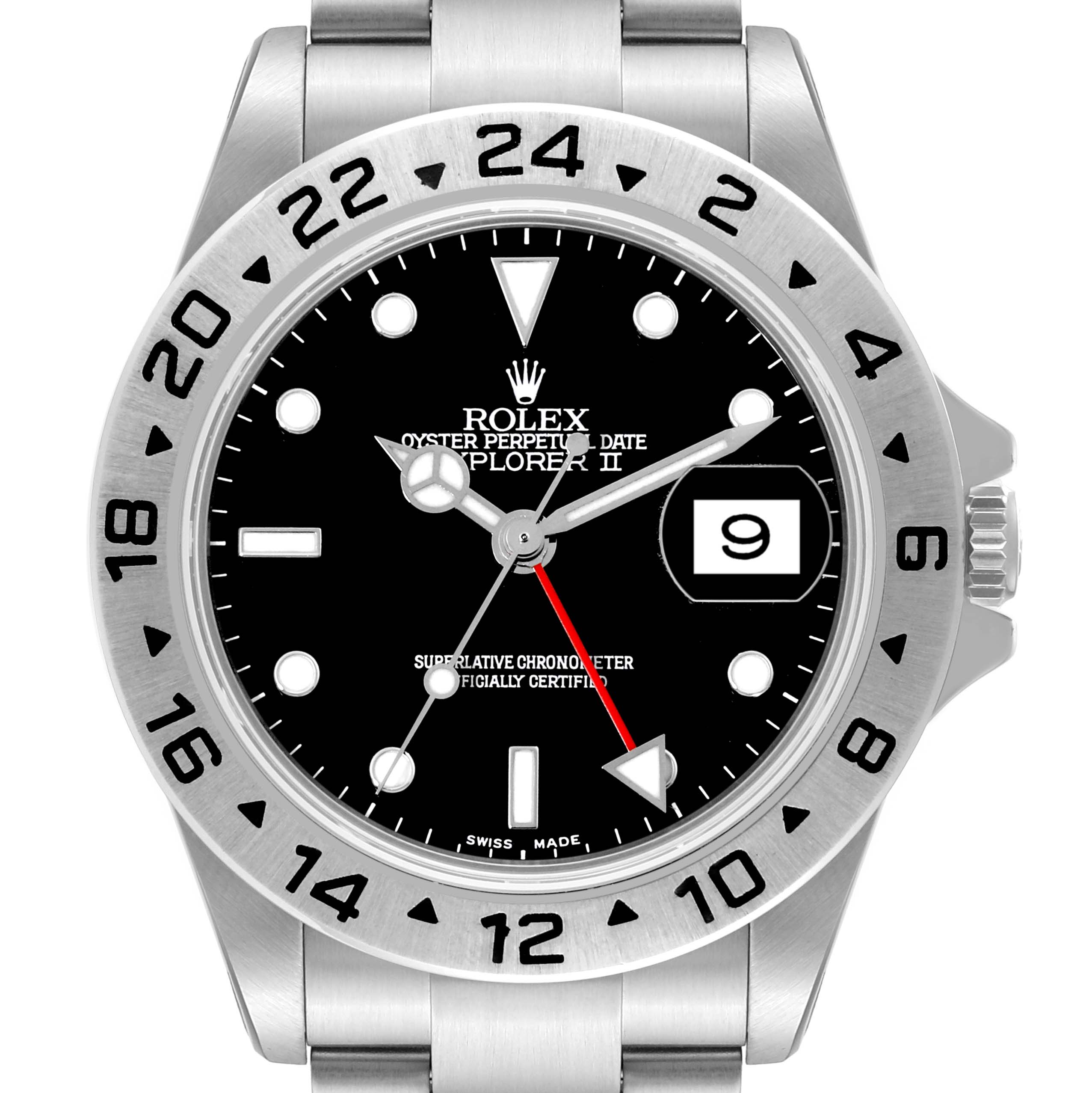 The Rolex Explorer 16570 Men
s Stainless Steel Black Dial 16570 Men
s Stainless Steel Black Dial watch is shown from a front angle, displaying the dial, bezel, hands, date window, and part of the bracelet.